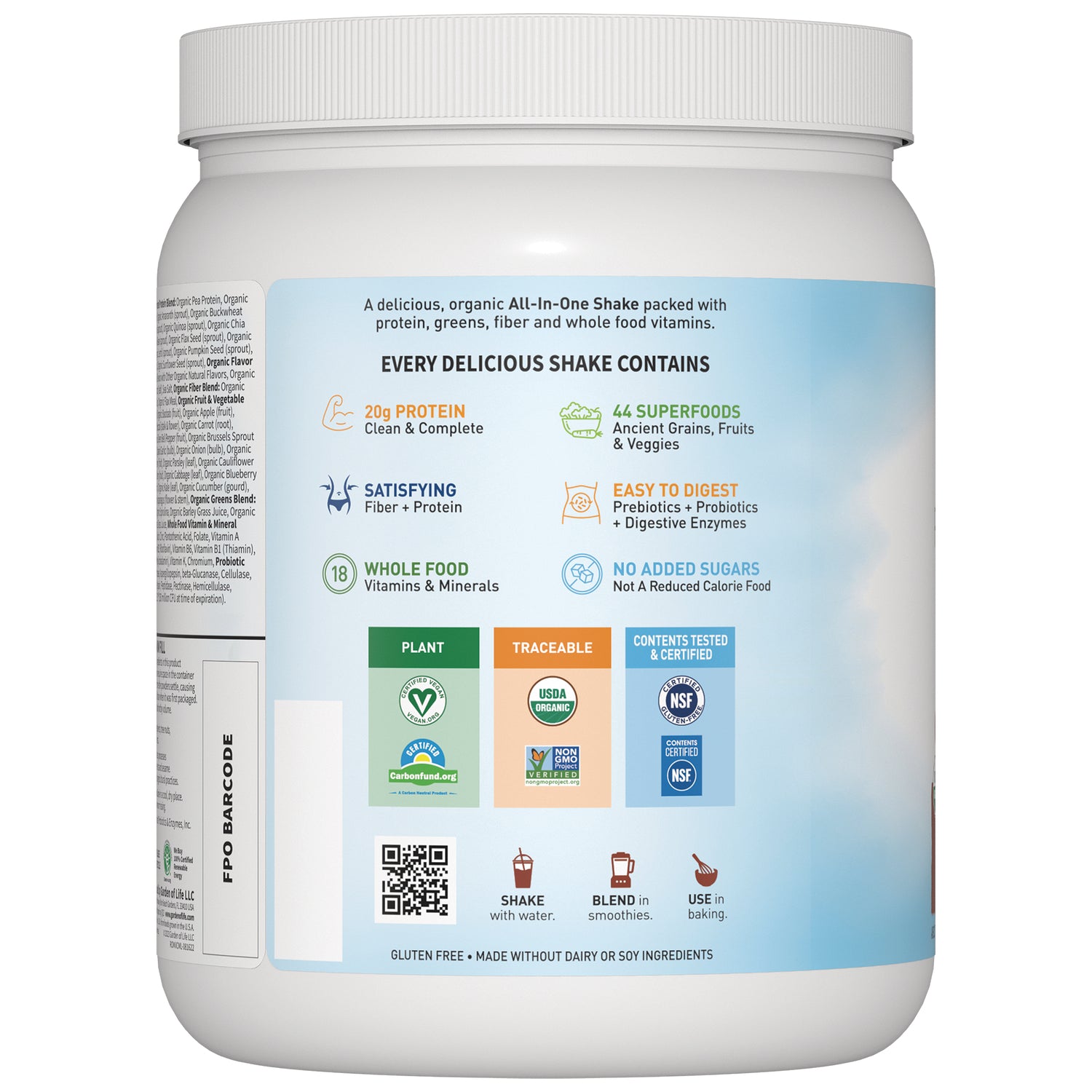 GLF160 | Back label of white supplement tub showing benefits, icons, certifications and usage instructions