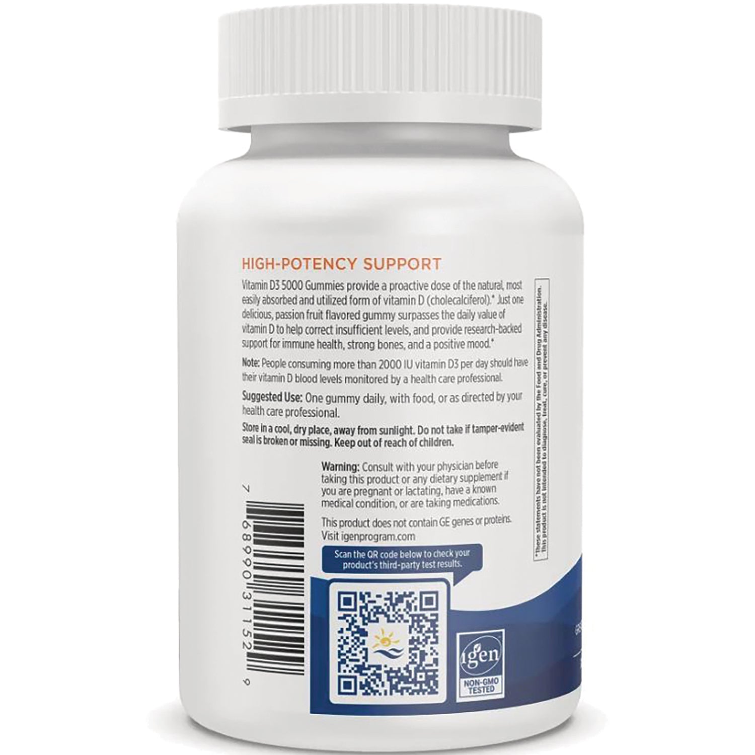 NRN125 | Back label showing HIGH-POTENCY SUPPORT heading, directions, barcode and QR code on white supplement bottle