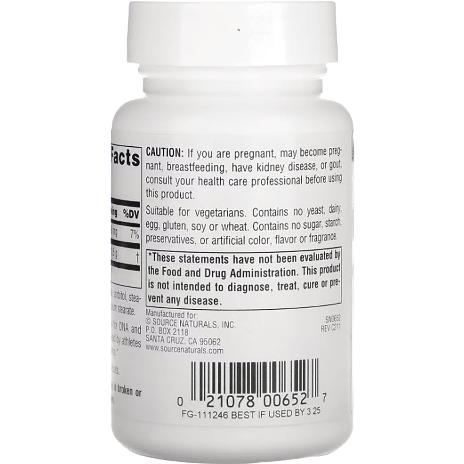 SN094 | Back of white supplement bottle showing caution, vegetarian statement, FDA disclaimer and barcode