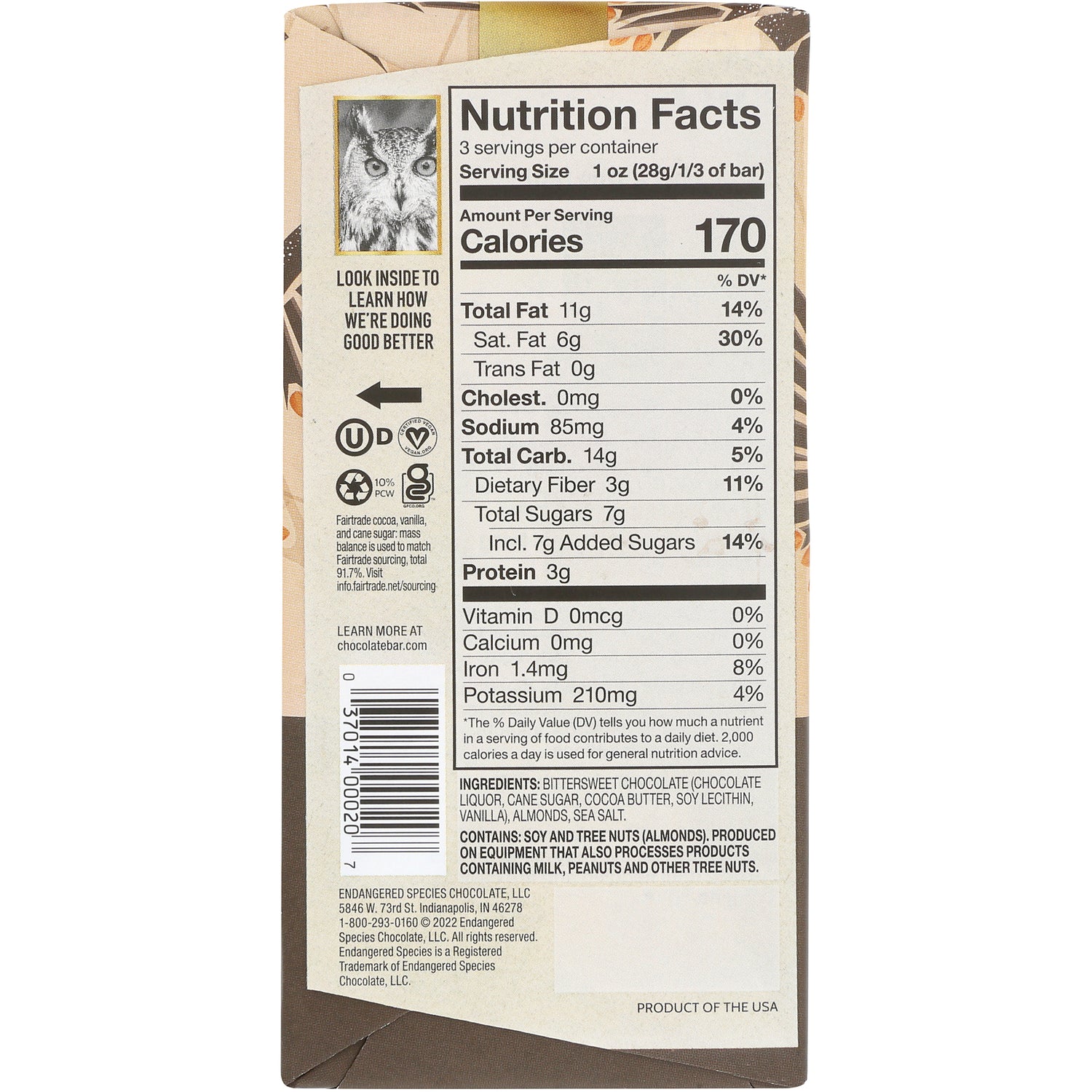 EES002 | Nutrition facts panel and ingredients list showing Calories 170 and nutrition values on product back