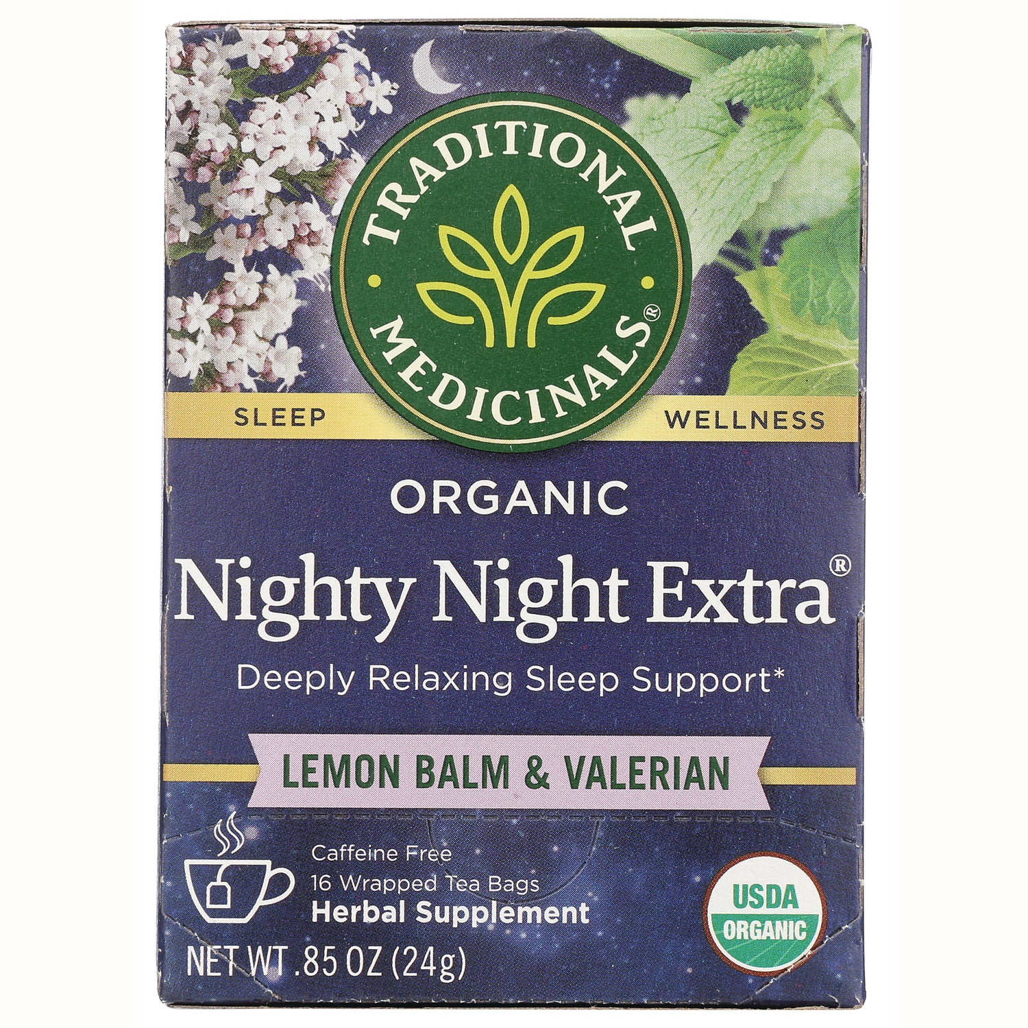 TMD048 | Traditional Medicinals Organic Nighty Night Extra tea, Lemon Balm & Valerian, 16 wrapped tea bags