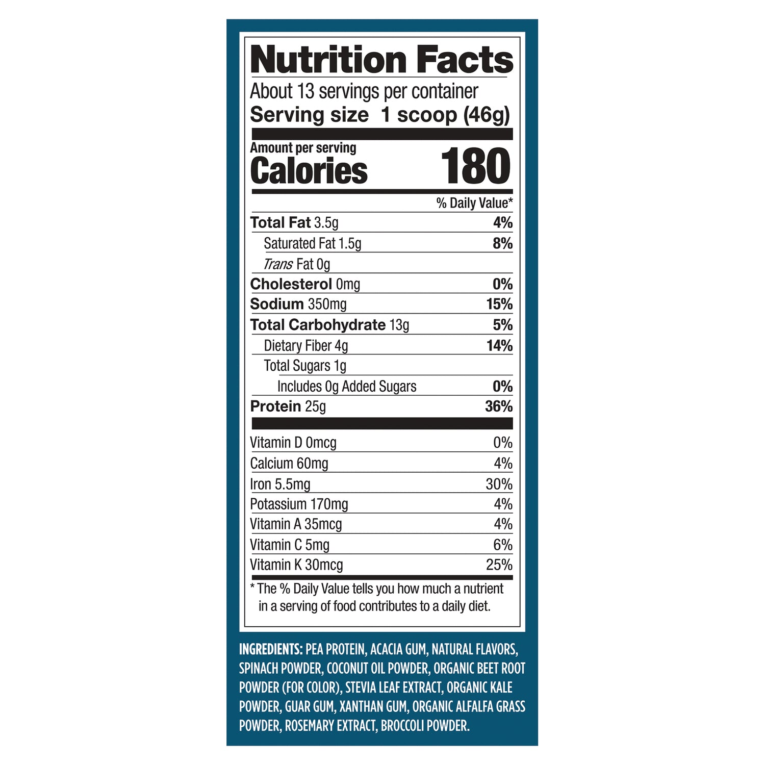 VGA007 | Nutrition Facts panel and ingredients list, 180 calories per 46g scoop