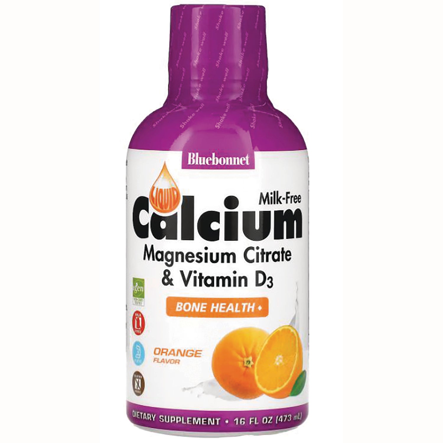 BLU092 | Bluebonnet liquid calcium magnesium citrate with vitamin D3, orange flavor bottle front showing Milk-Free and Bone Health