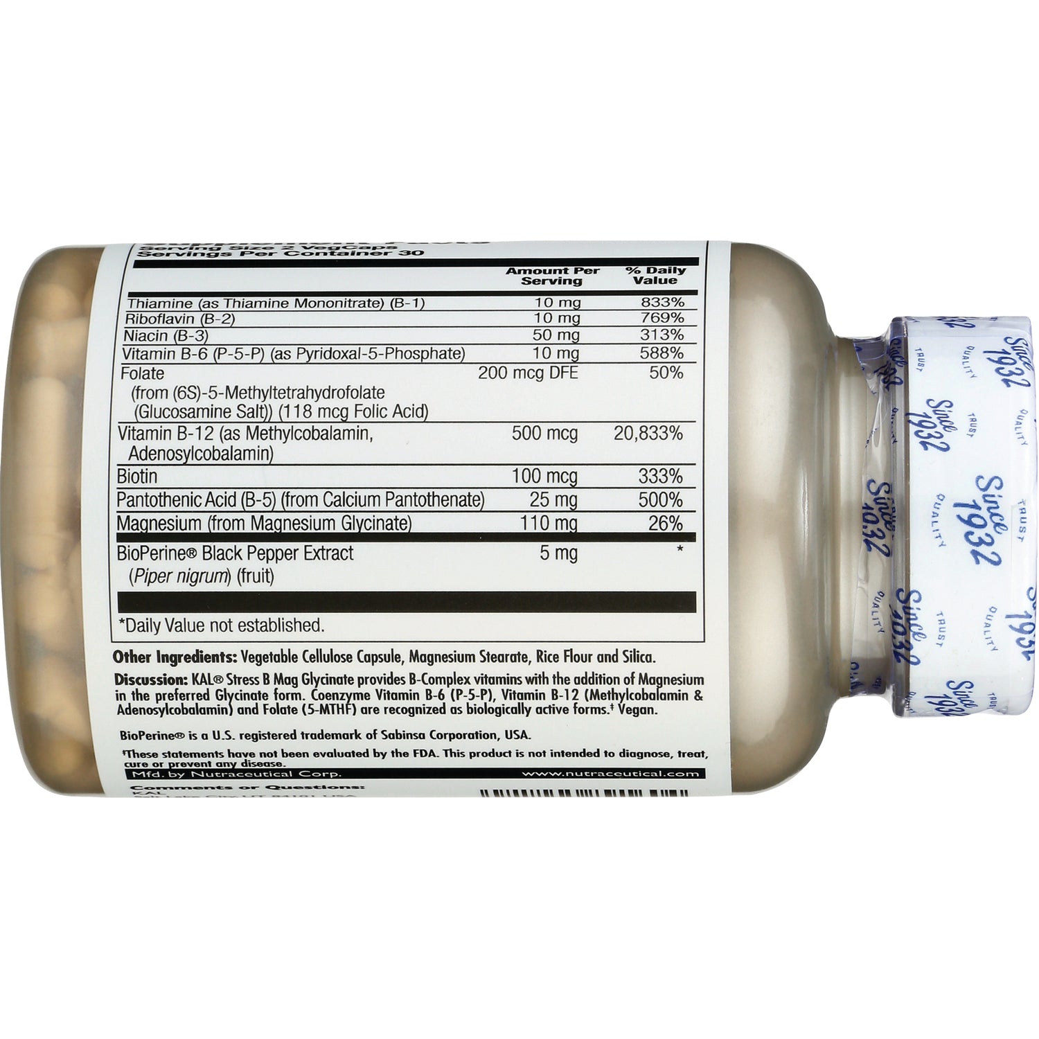 KL566 | back of supplement bottle showing Supplement Facts panel listing vitamins and amounts