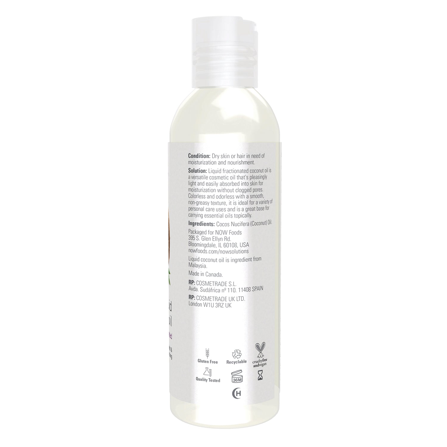 NWF1408 | Back label of clear plastic bottle showing ingredients text, usage information, and certification icons