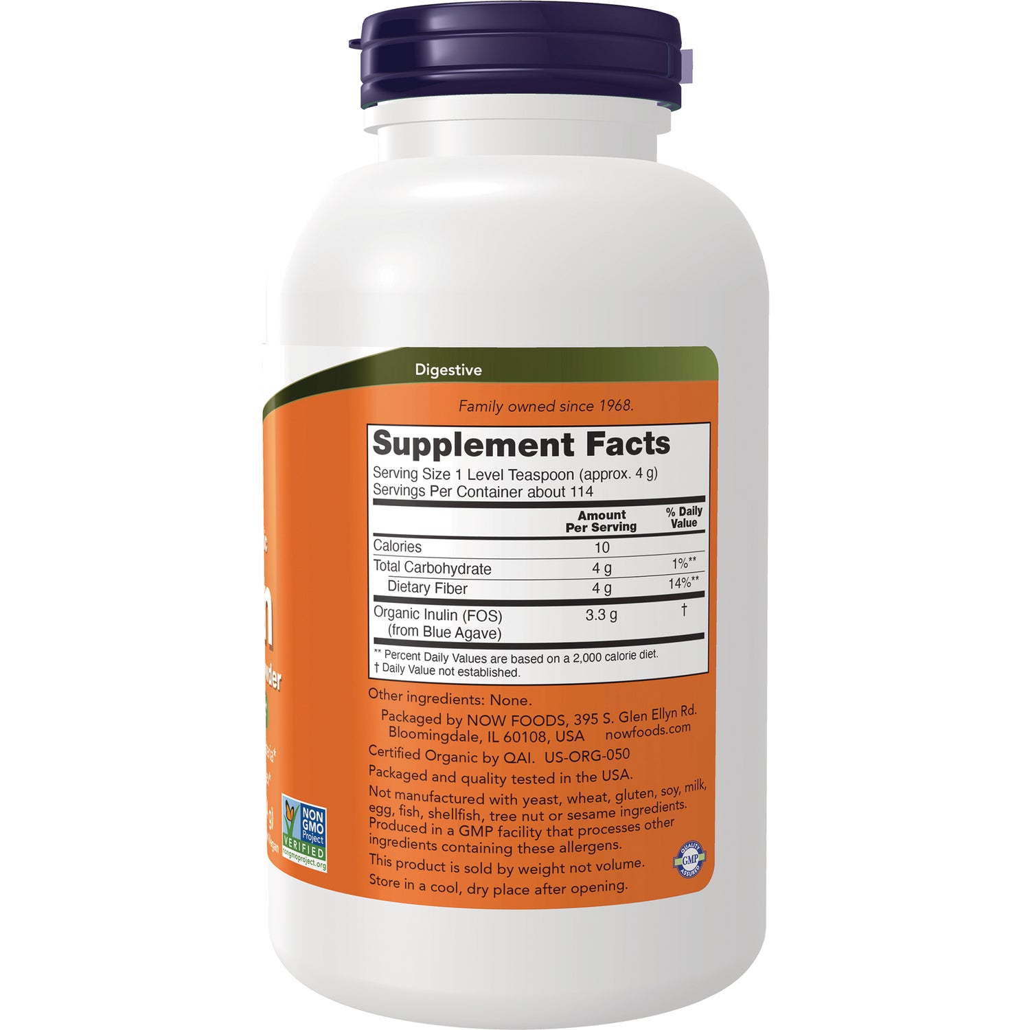 NWF1378 | Back label with Supplement Facts showing Serving Size 1 Level Teaspoon and Organic Inulin (from Blue Agave)