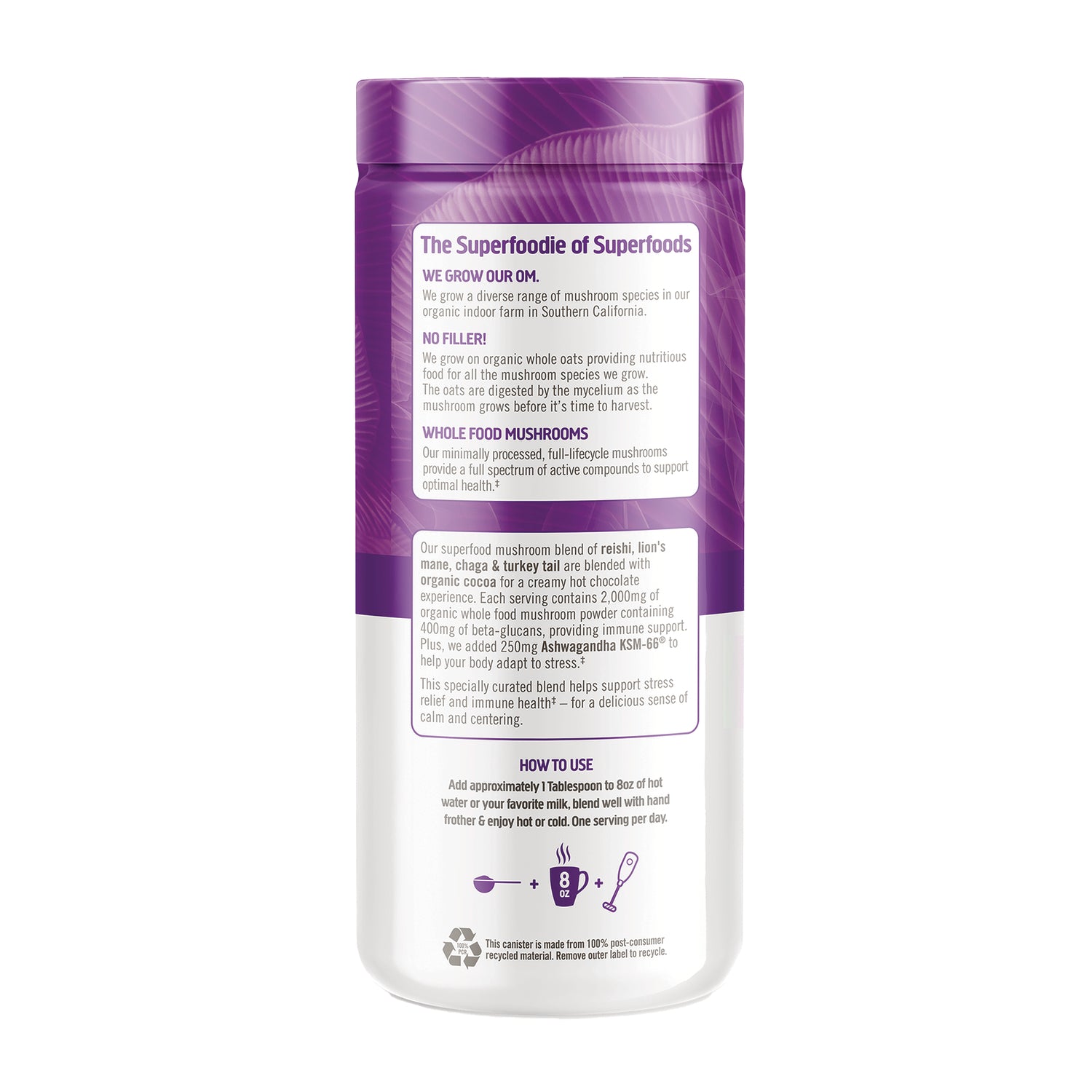 MMX051 | Back label of purple and white supplement canister showing product information, ingredients, and how-to-use instructions