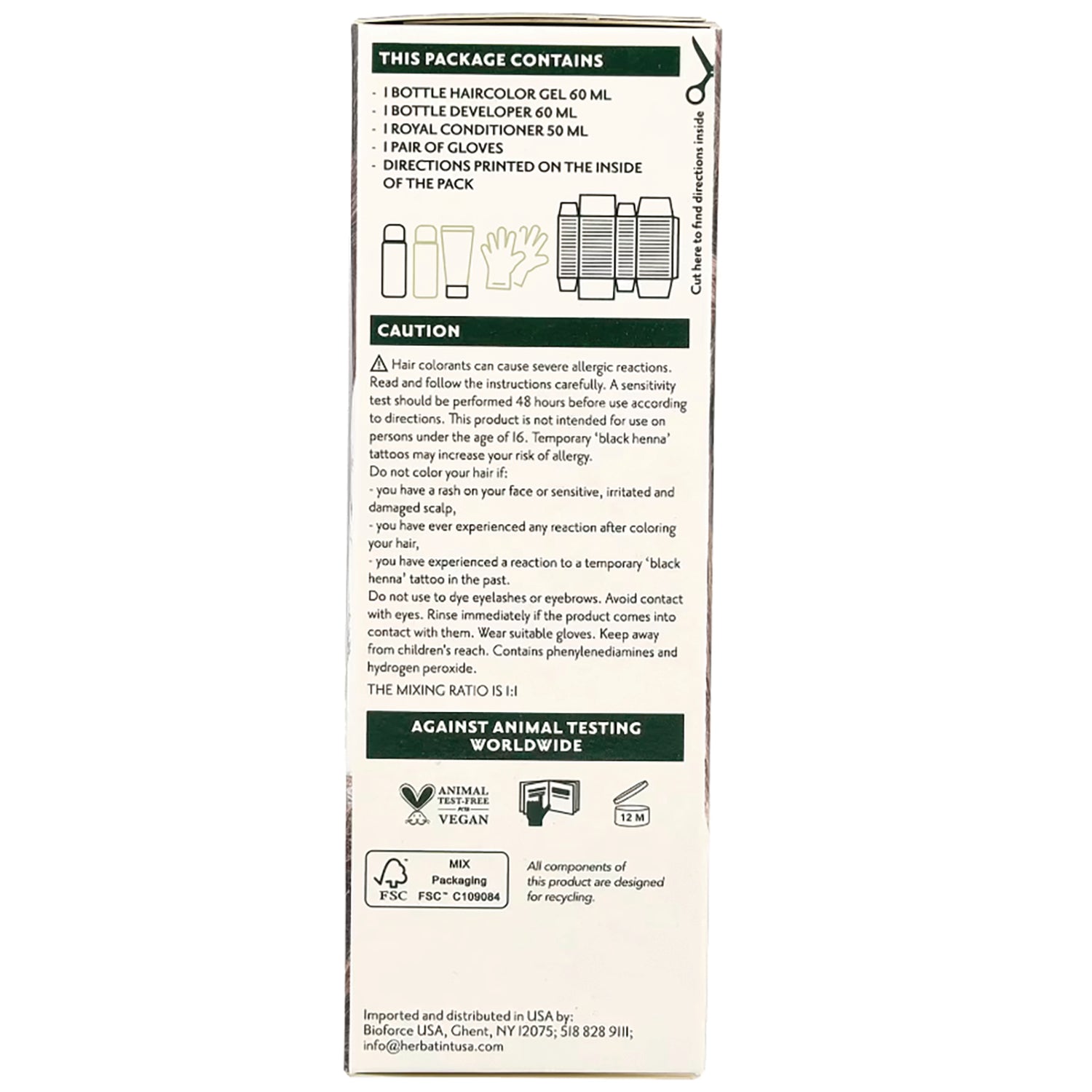HBT003 | Back panel of hair color box listing contents, caution, mixing ratio, and recycling and vegan icons