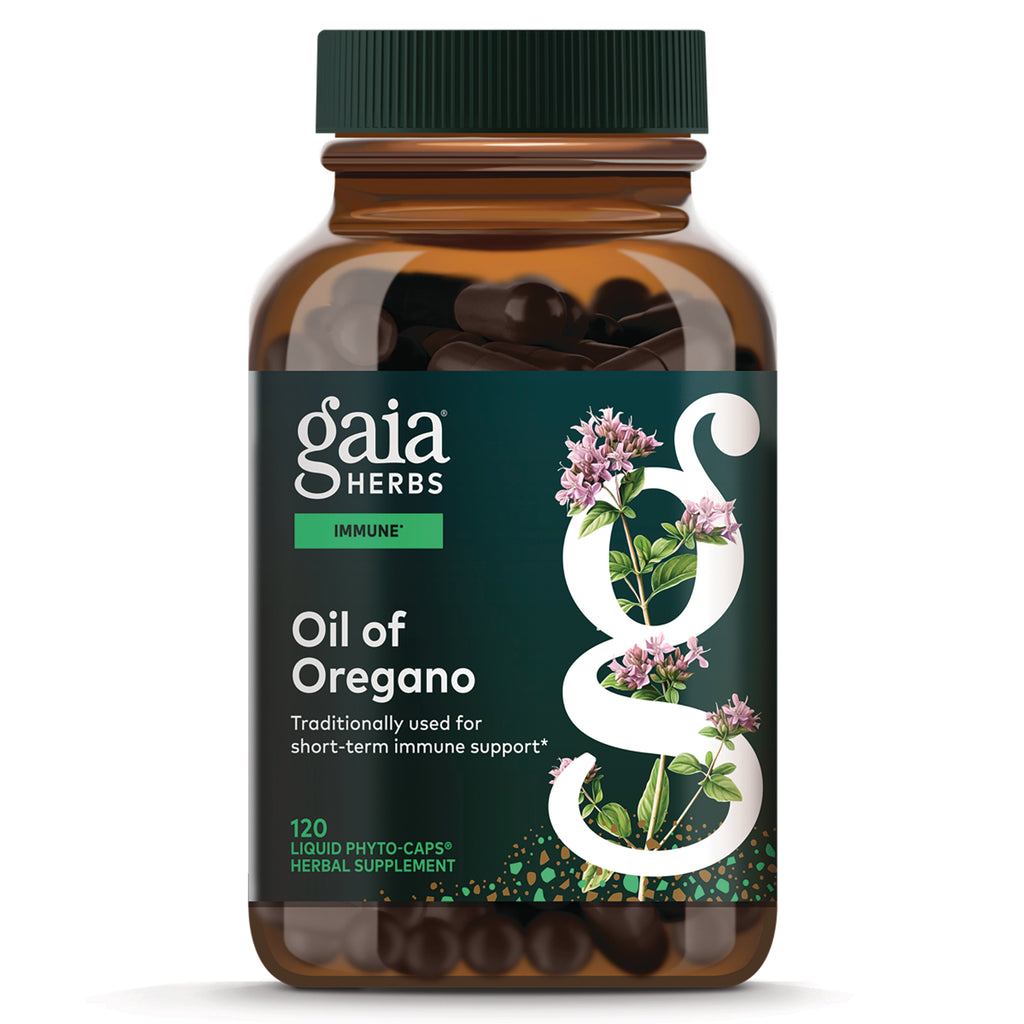 GH167 | Gaia Herbs Oil of Oregano amber supplement bottle with green label and visible capsules - Thumbnail