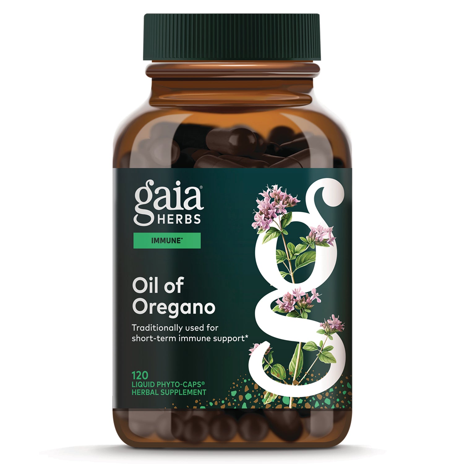 GH167 | Gaia Herbs Oil of Oregano amber supplement bottle with green label and visible capsules