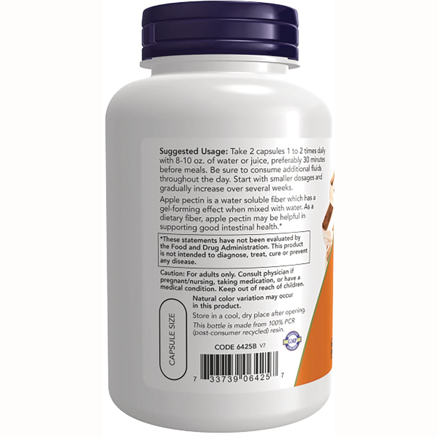 NWF527 | Back of white supplement bottle showing suggested usage text, barcode, and capsule size label