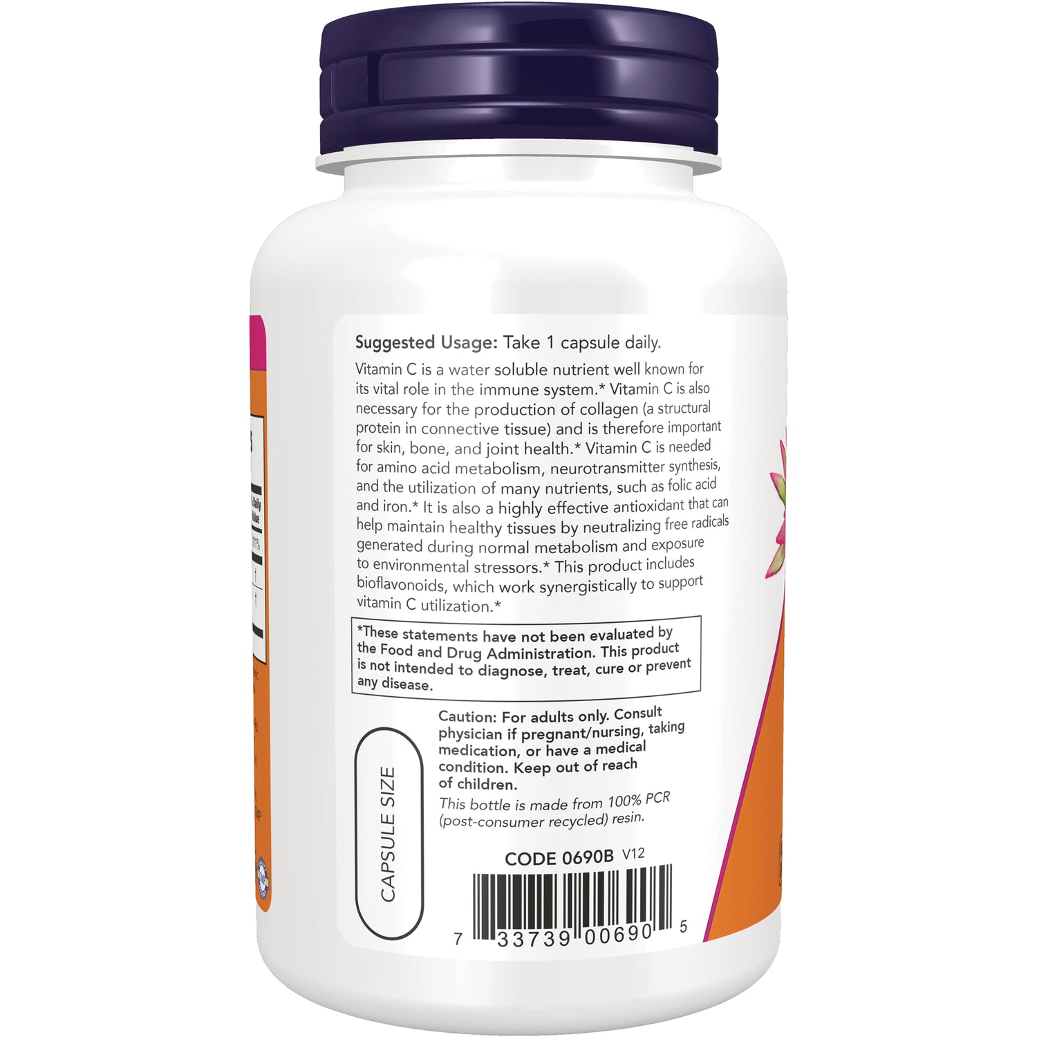 NWF029 | back of white supplement bottle showing suggested usage, caution, capsule size oval, barcode and fine print