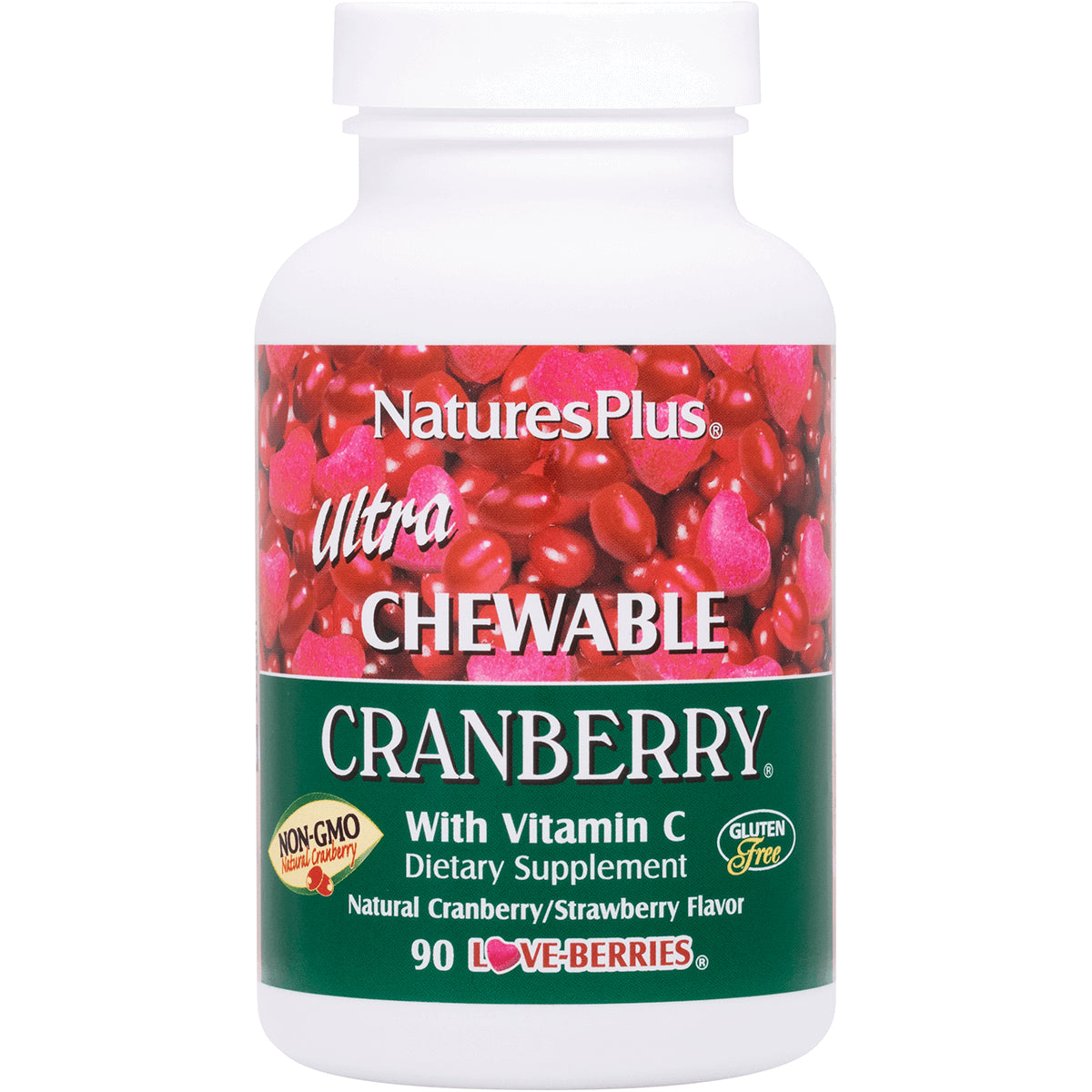 NTP069 | NaturesPlus Ultra Chewable Cranberry bottle label showing chewable cranberry supplement with Vitamin C, 90 Love-Berries