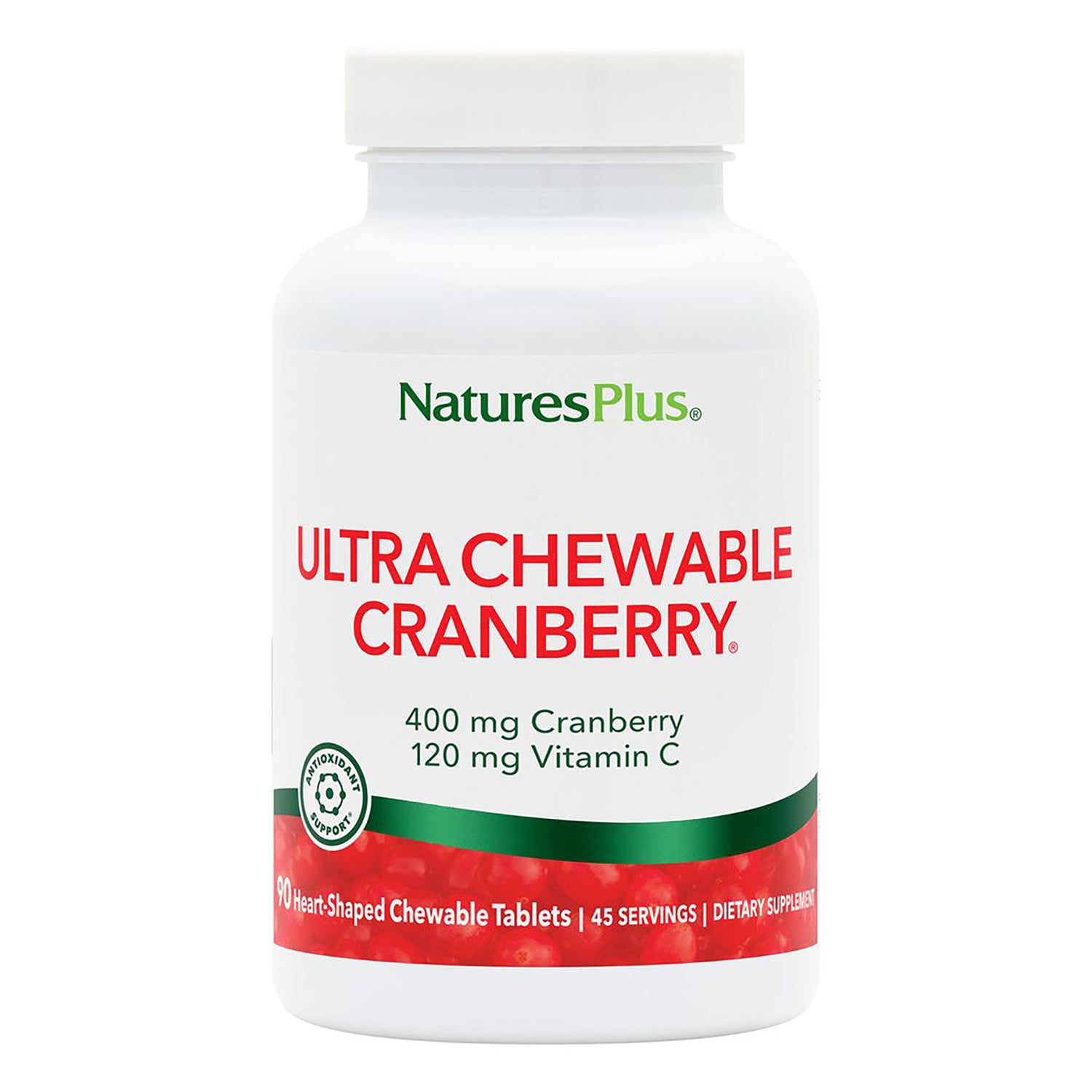 NTP069 | NaturesPlus Ultra Chewable Cranberry bottle label showing chewable cranberry supplement with Vitamin C, 90 Love-Berries