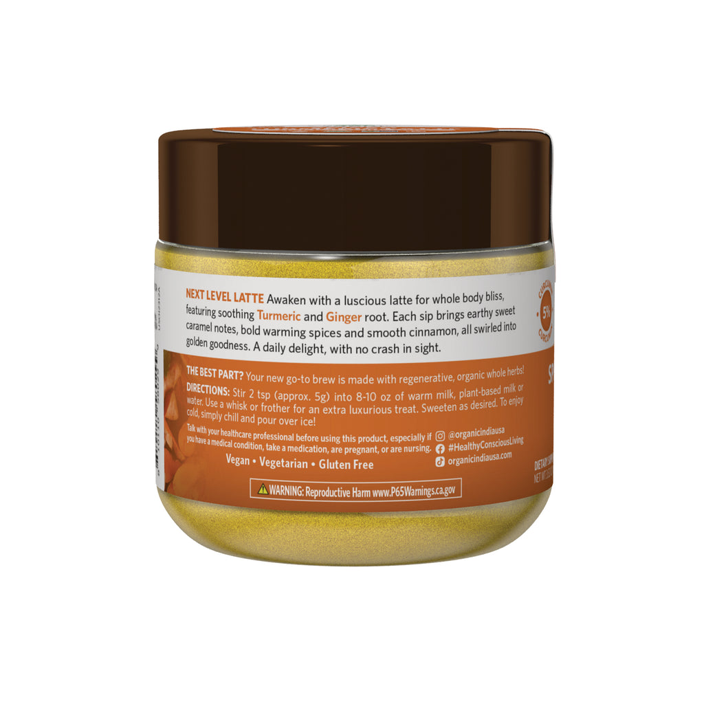 RGN110 | Back label of turmeric latte jar showing product description, directions, vegan vegetarian gluten free and warning - Thumbnail