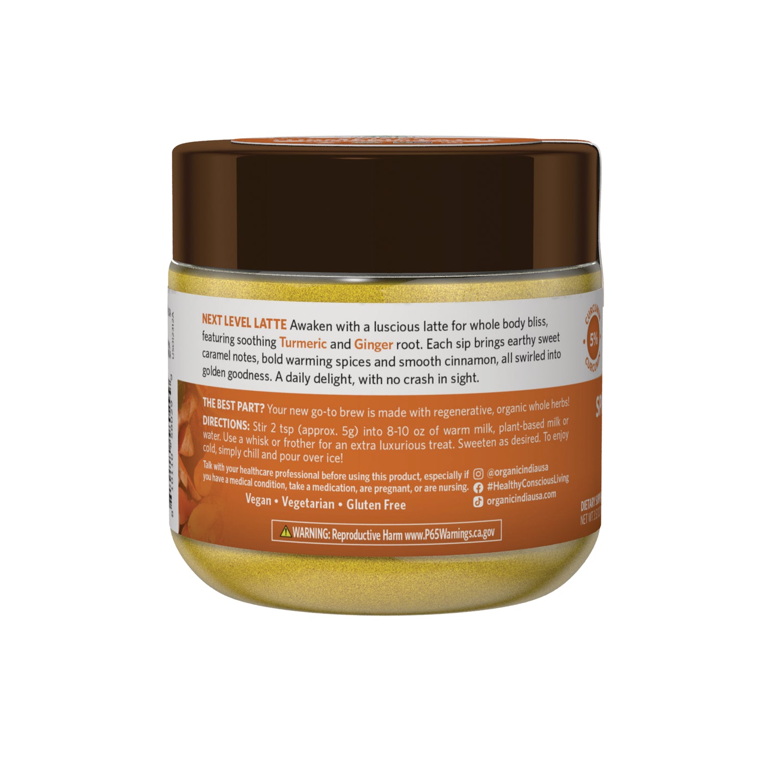 RGN110 | Back label of turmeric latte jar showing product description, directions, vegan vegetarian gluten free and warning