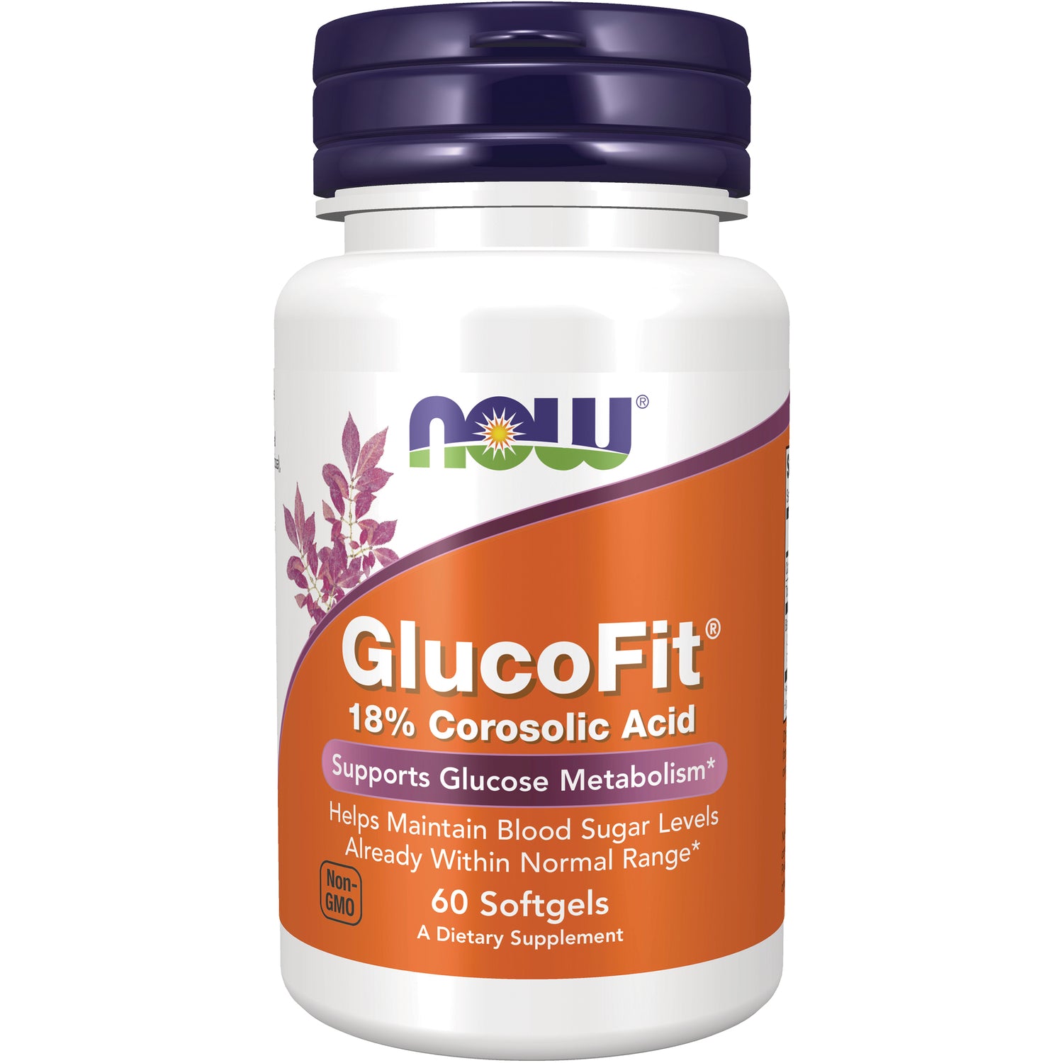 NWF1021 | NOW GlucoFit 18% Corosolic Acid 60 softgels bottle with orange label, supports glucose metabolism