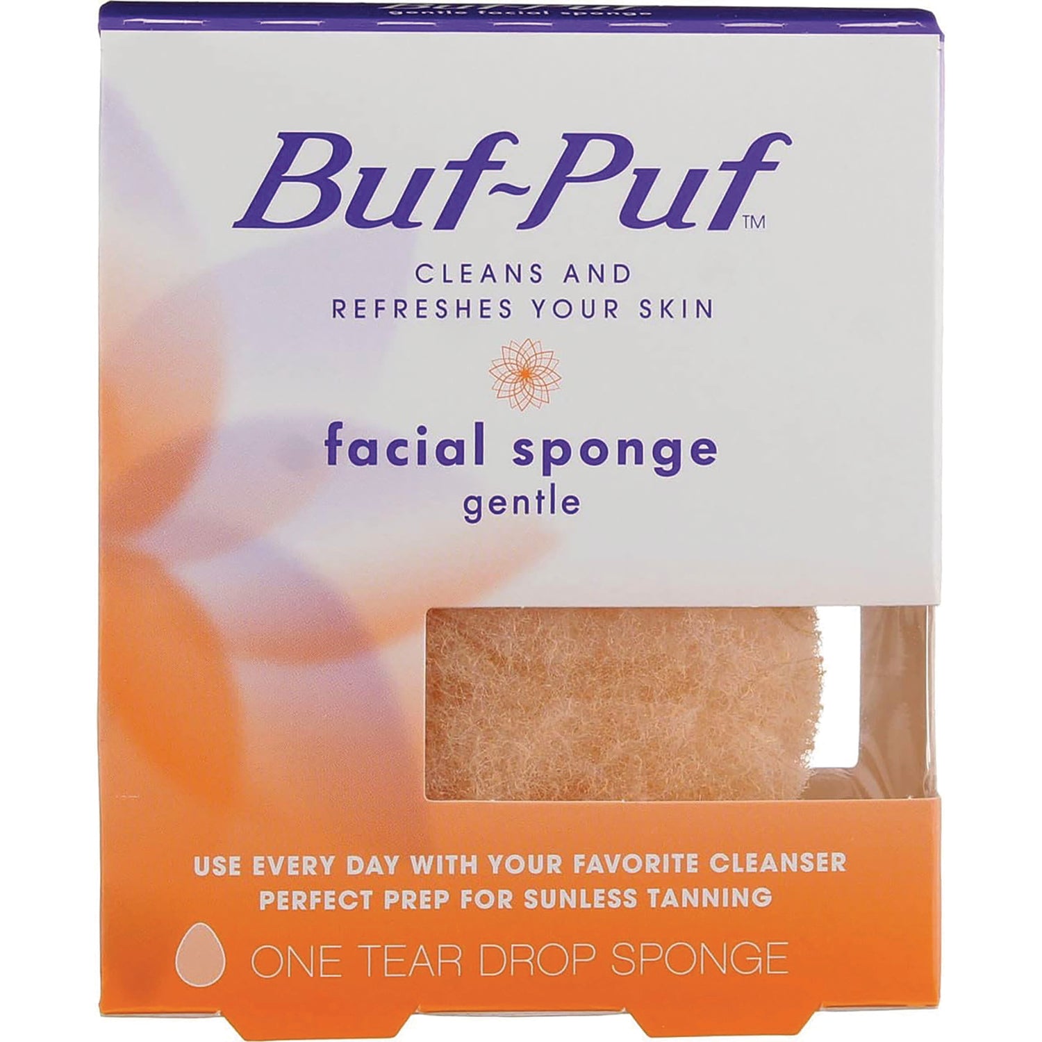 MMM001 | Buf-Puf facial sponge gentle retail box with window showing teardrop sponge