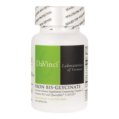 DVL090 | White bottle of DaVinci Laboratories Iron Bis-Glycinate dietary supplement, front label showing brand and product name