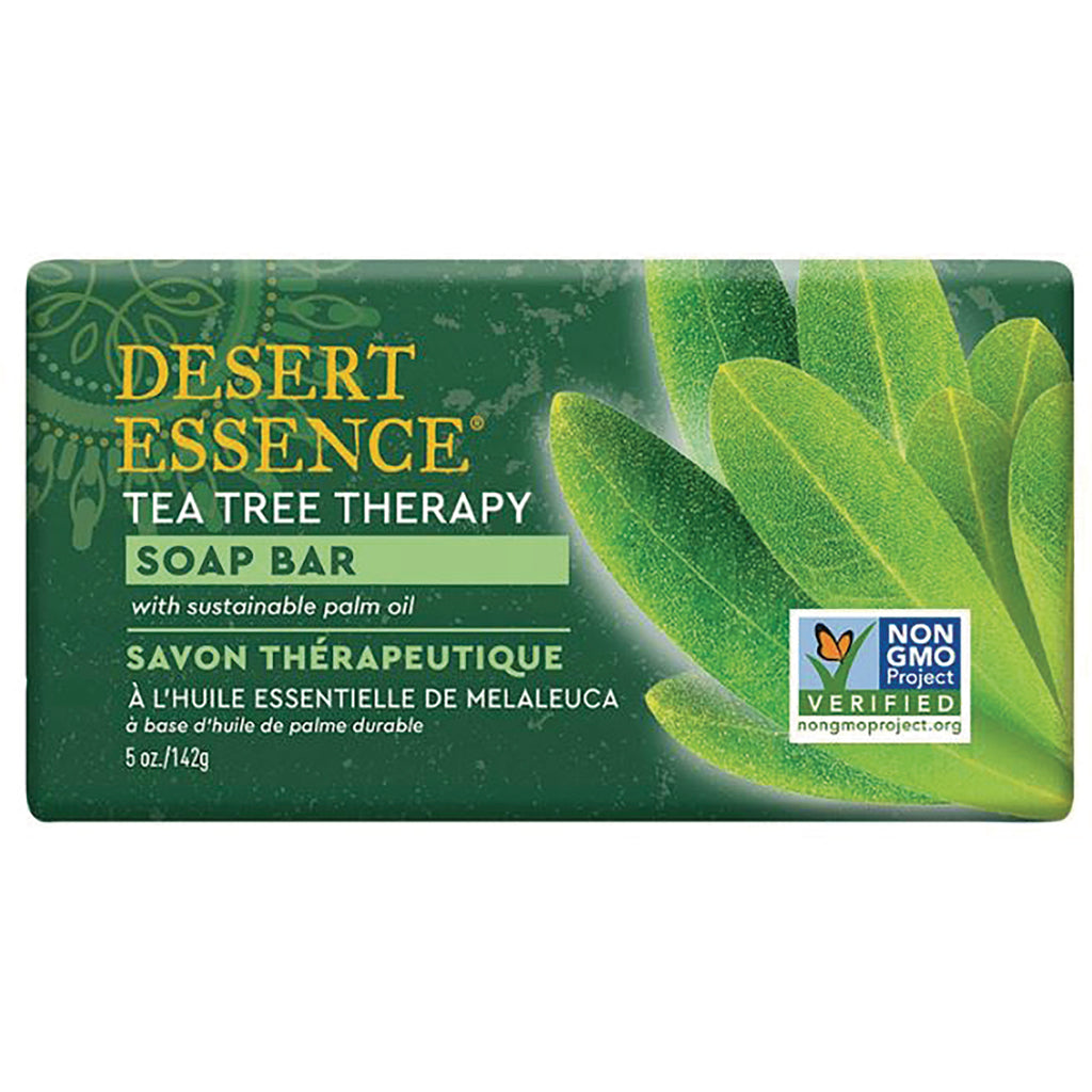 Desert Essence Tea Tree Therapy soap bar packaging with green leaf design and Non GMO Project Verified logo - Thumbnail