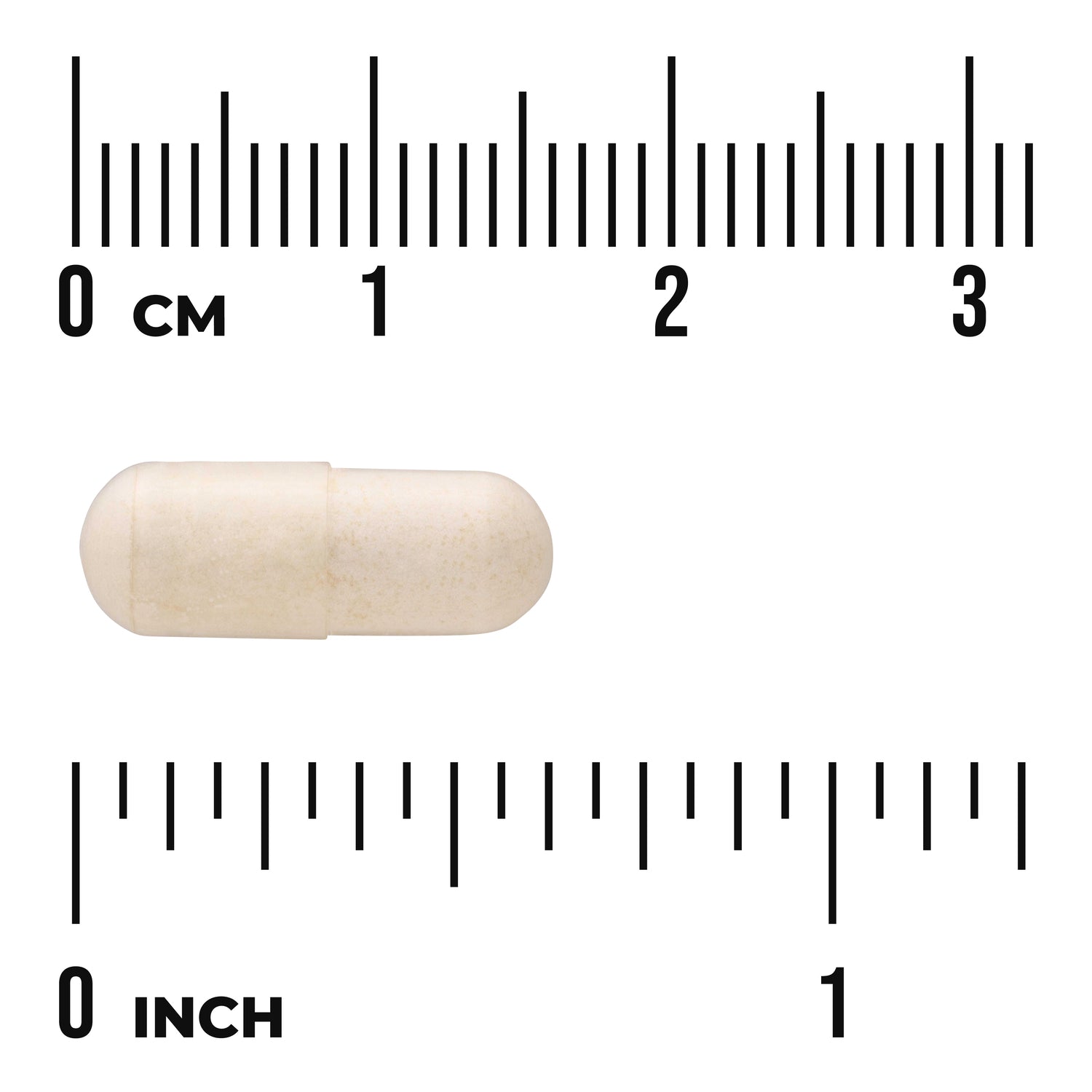SWU527 | Beige capsule shown with size scale in centimeters and inches