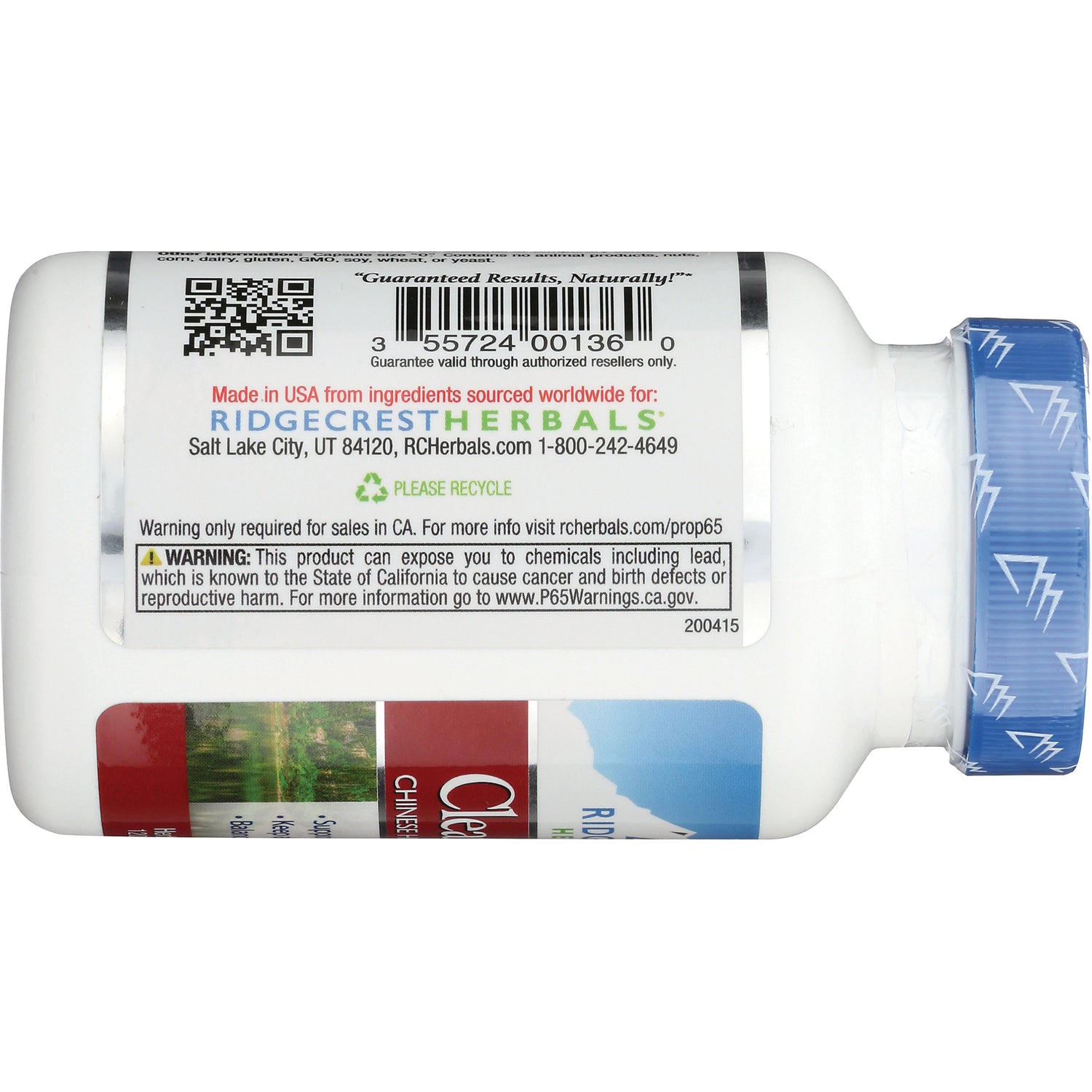 PH043 | product infographic of white supplement bottle back label showing barcode, RIDGECREST HERBALS text and warning label, blue cap