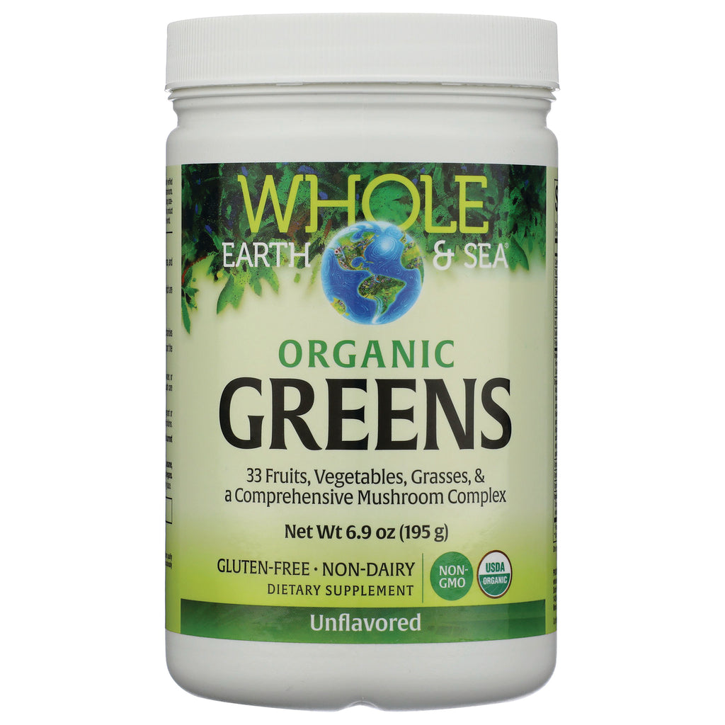 NFC201 | Whole Earth & Sea Organic GREENS powder container front label, 6.9 oz (195 g), unflavored - Thumbnail