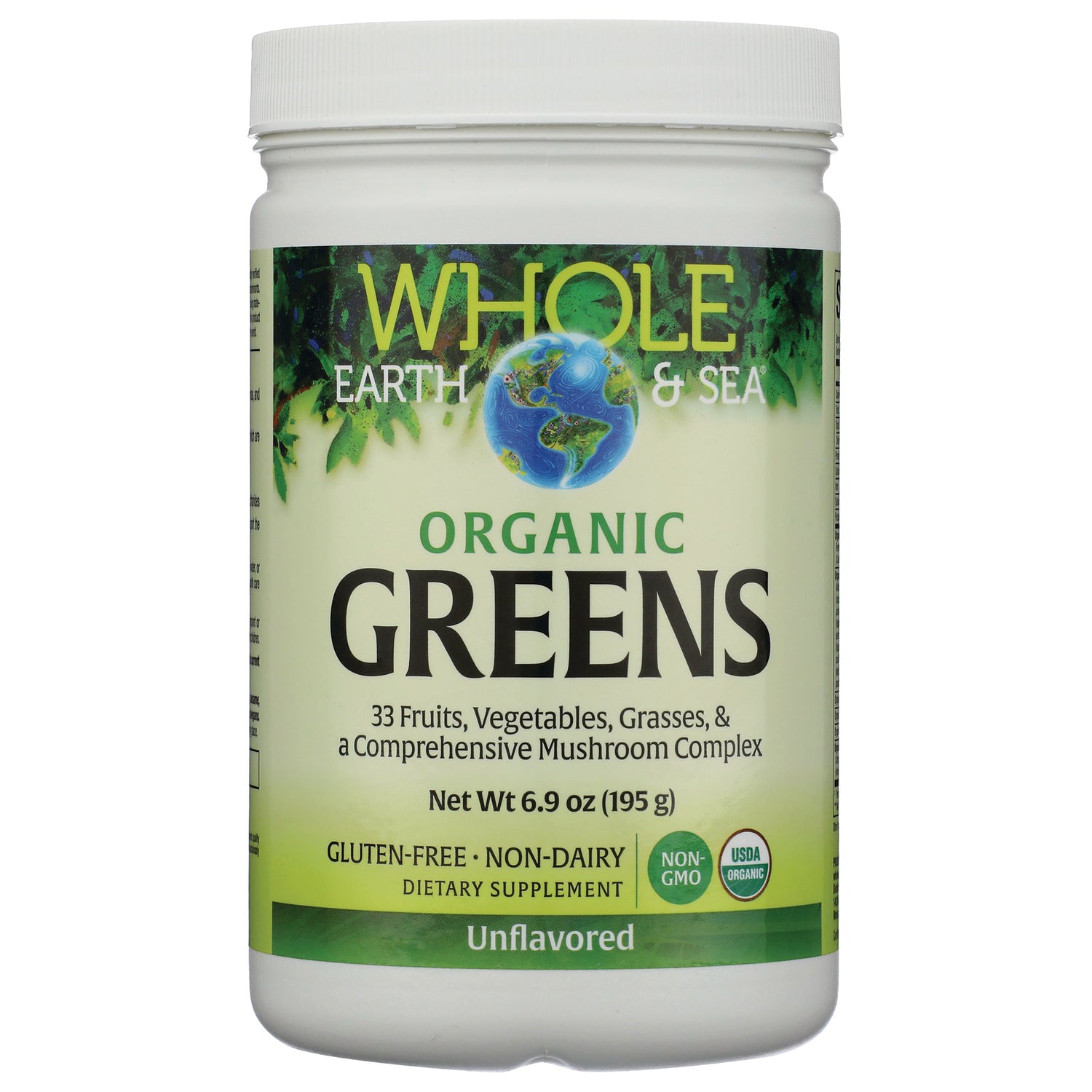 NFC201 | Whole Earth & Sea Organic GREENS powder container front label, 6.9 oz (195 g), unflavored