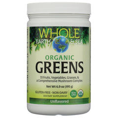 NFC201 | Whole Earth & Sea Organic GREENS powder container front label, 6.9 oz (195 g), unflavored