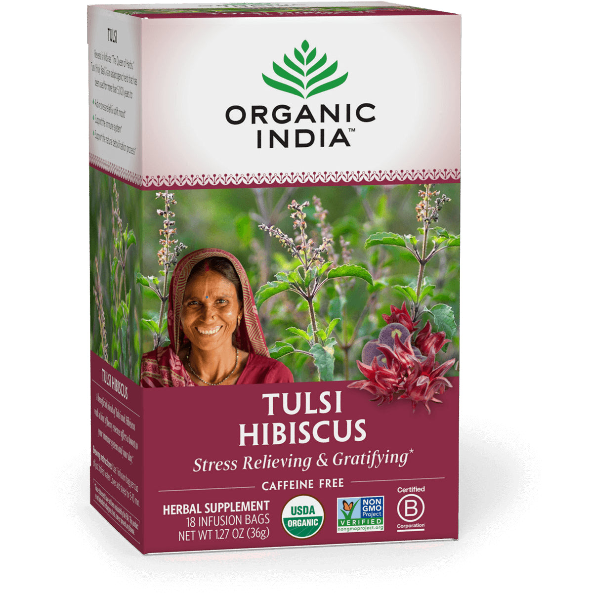RGN072 | Organic India Tulsi Hibiscus tea box front showing a smiling woman, hibiscus flowers, USDA Organic and Non-GMO badges