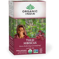 RGN072 | Organic India Tulsi Hibiscus tea box front showing a smiling woman, hibiscus flowers, USDA Organic and Non-GMO badges