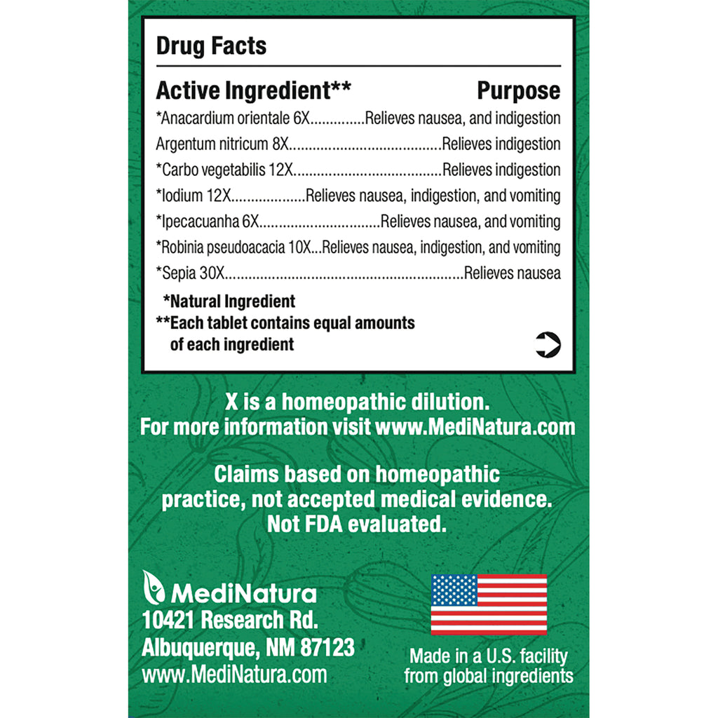 MNA038 | Back of green MediNatura product box showing Drug Facts panel, ingredients list, company address and US flag - Thumbnail