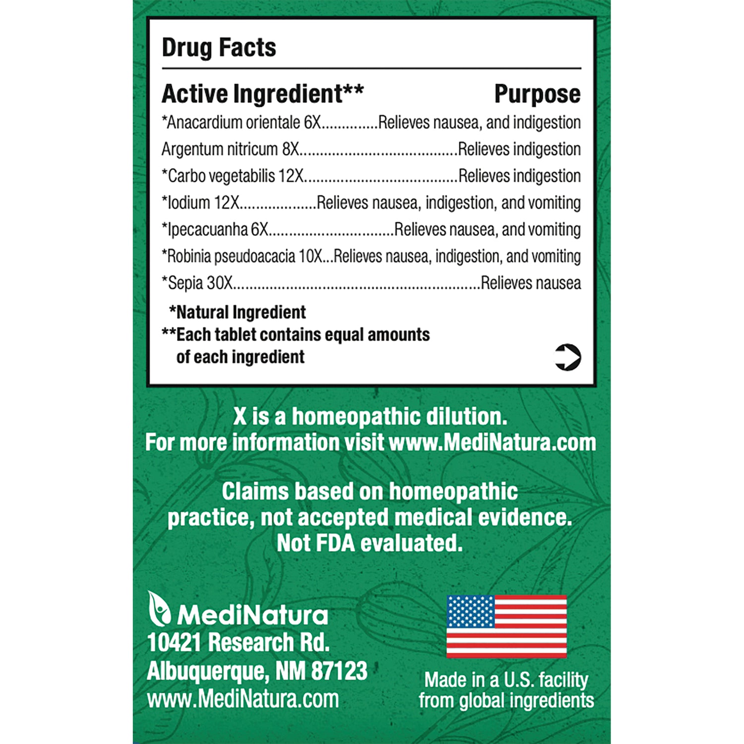 MNA038 | Back of green MediNatura product box showing Drug Facts panel, ingredients list, company address and US flag