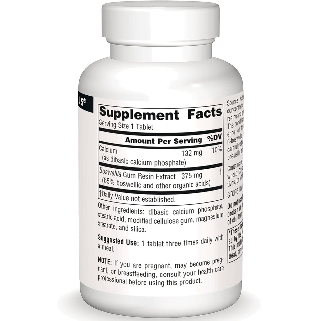 SN458 | Back label with Supplement Facts, serving size 1 tablet, calcium 132 mg and boswellia gum resin extract 375 mg - Thumbnail