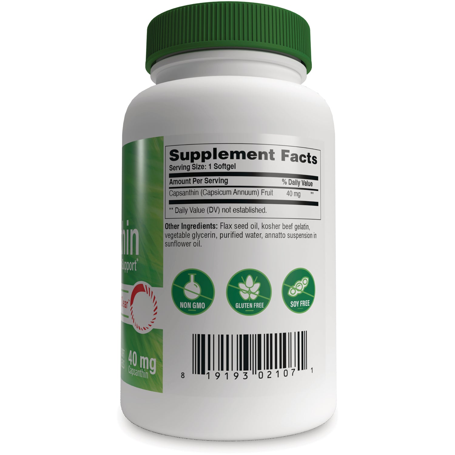 HTN011 | Back of white supplement bottle showing Supplement Facts panel, ingredient list, Non GMO gluten free soy free icons and barcode