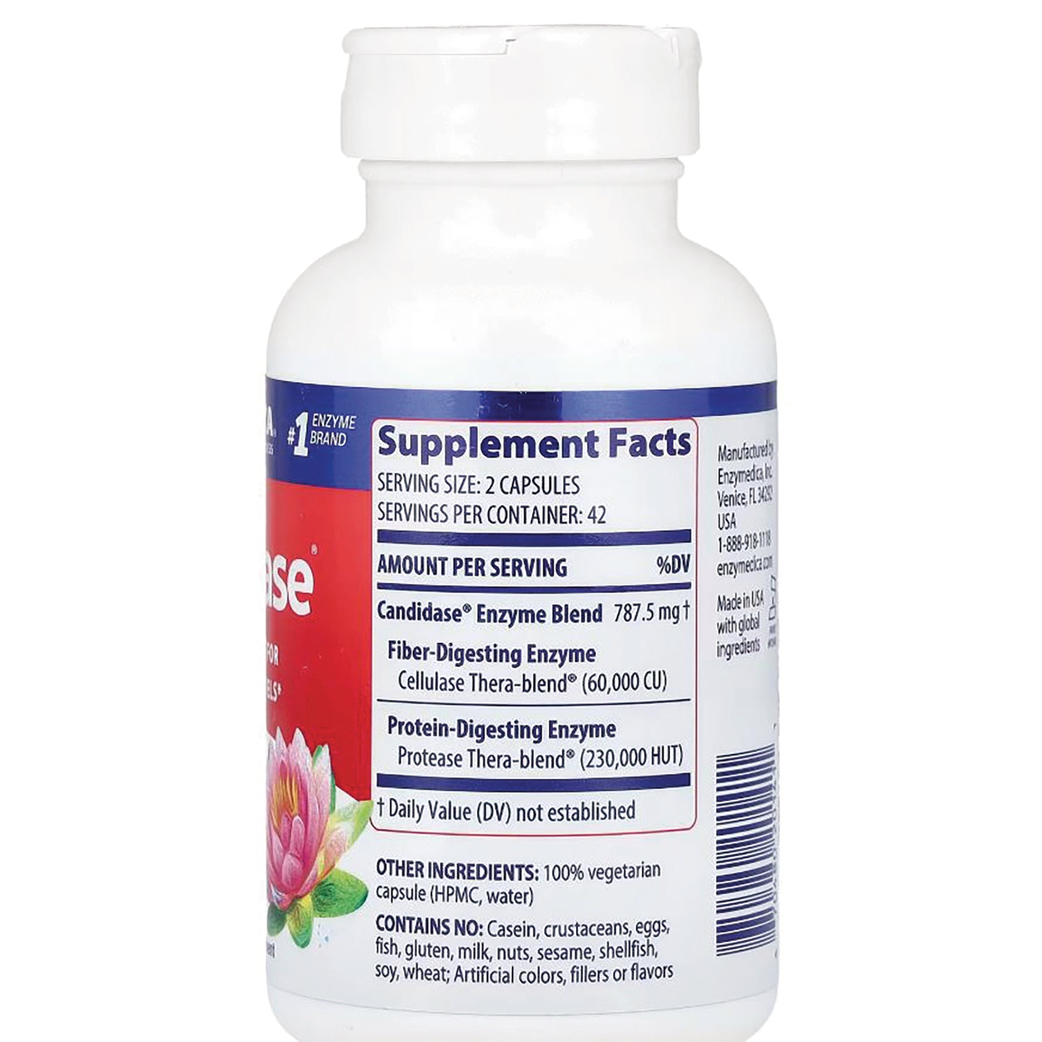 EMD005 | back of white supplement bottle showing Supplement Facts label with serving size 2 capsules, enzyme blend and other ingredients