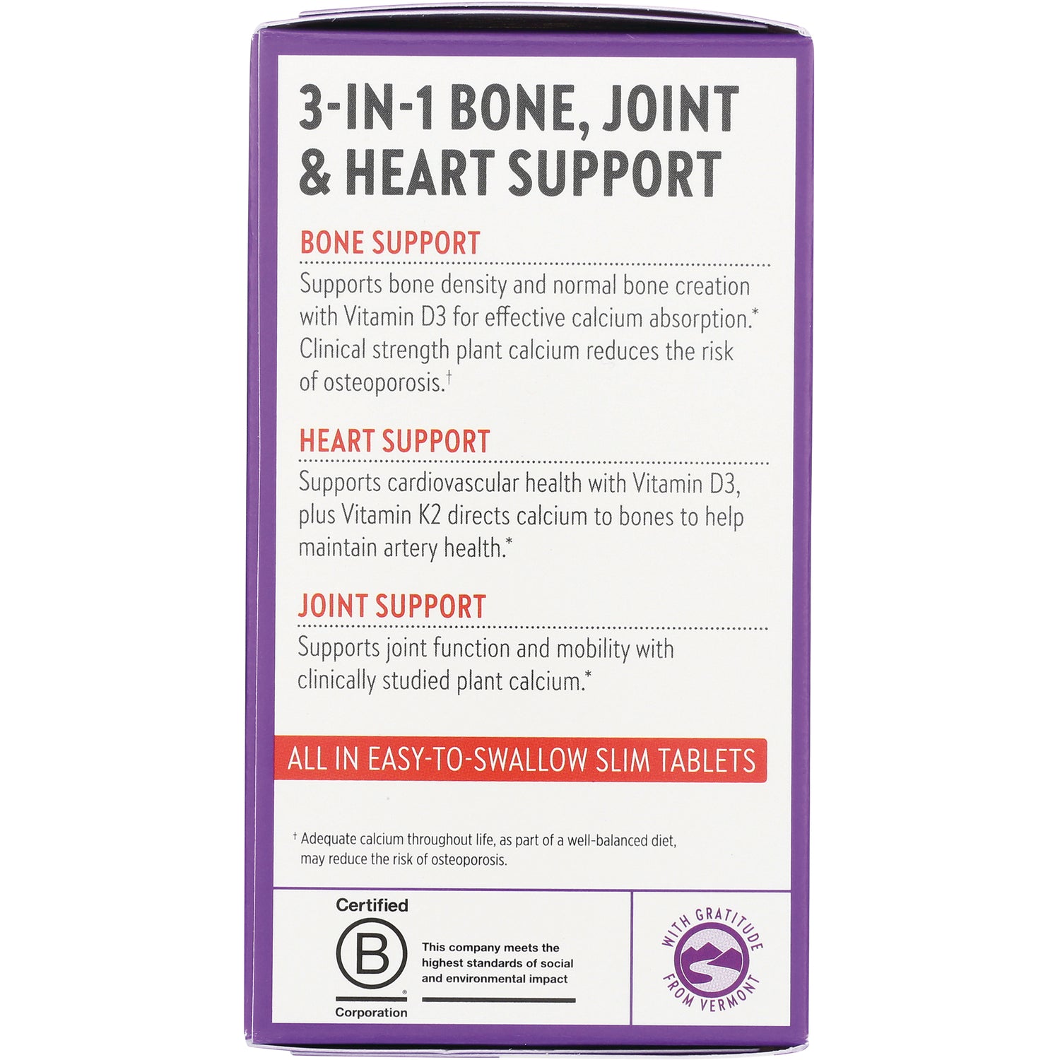 NWC266 | Product infographic listing 3-in-1 bone, joint & heart support benefits and all-in easy-to-swallow slim tablets