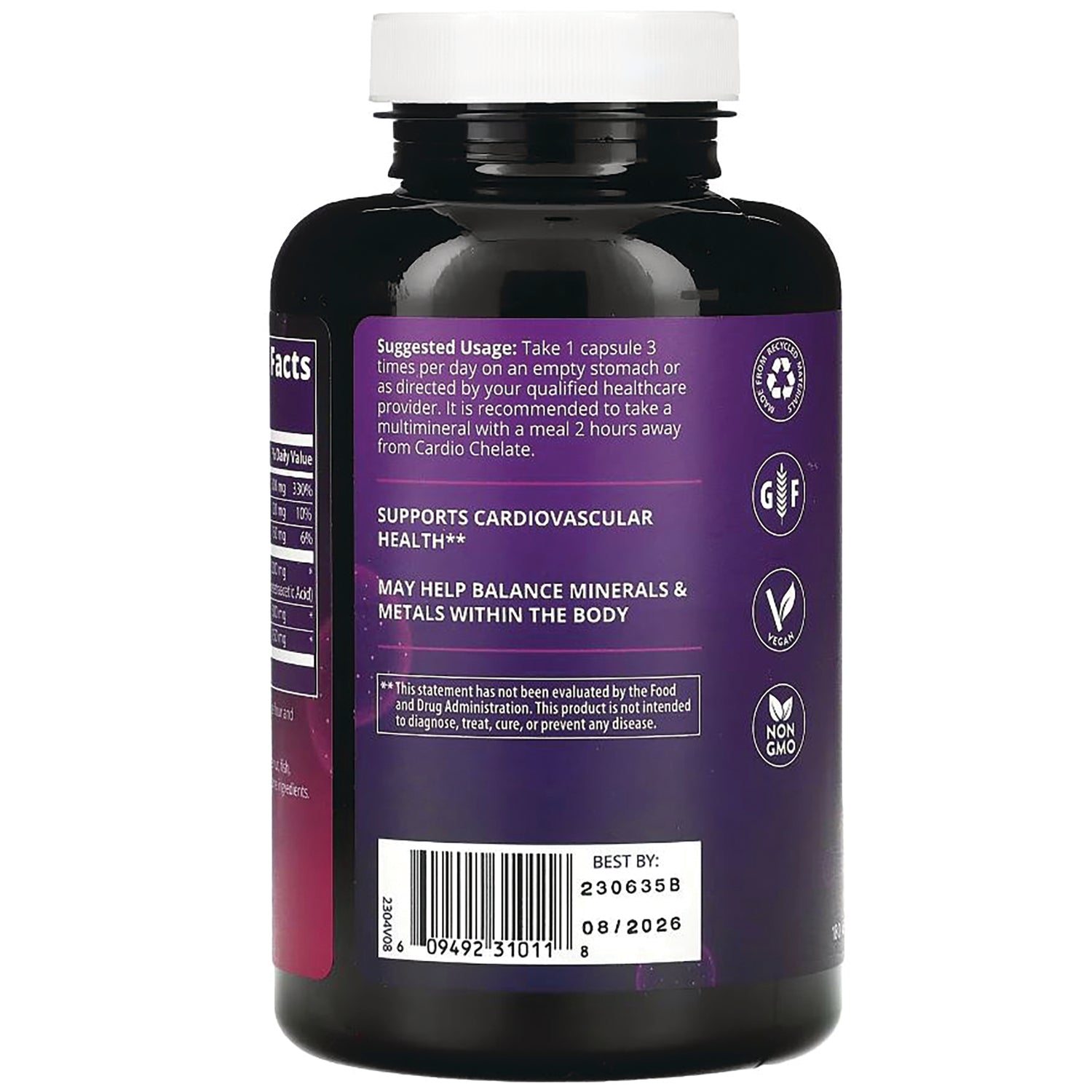 MRM053 | Back of purple supplement bottle showing suggested usage, support claims, gluten free vegan non GMO icons and barcode