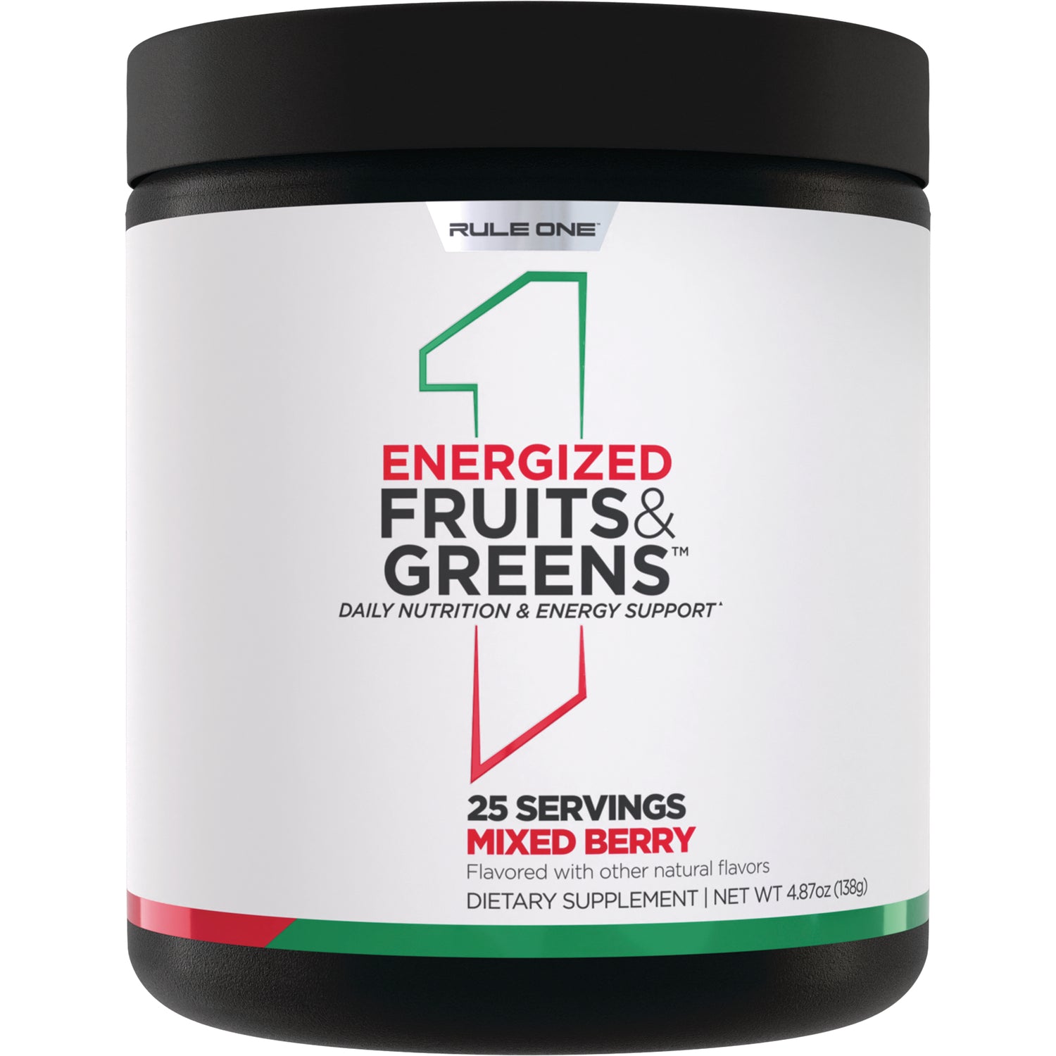 RO020 | RULE ONE Energized Fruits & Greens tub, mixed berry flavor front label showing 25 servings