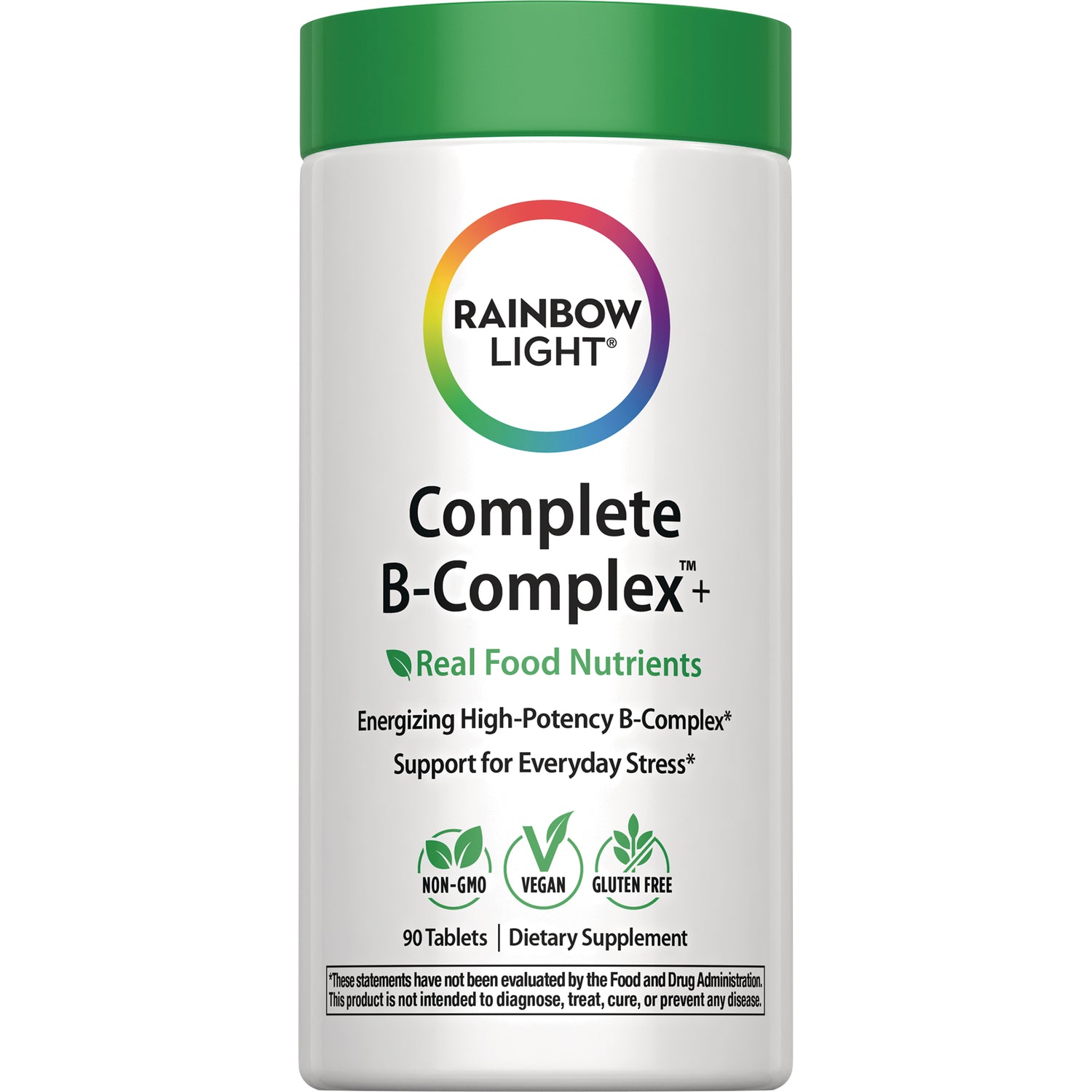RBL174 | Rainbow Light Complete B-Complex bottle front, label shows Real Food Nutrients, Non-GMO, Vegan, Gluten free, 90 tablets