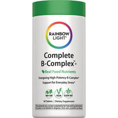 RBL174 | Rainbow Light Complete B-Complex bottle front, label shows Real Food Nutrients, Non-GMO, Vegan, Gluten free, 90 tablets