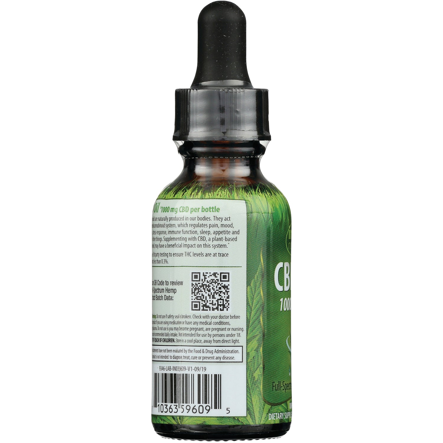 IR179 | back label of green CBD oil dropper bottle showing QR code, barcode, and ingredient text