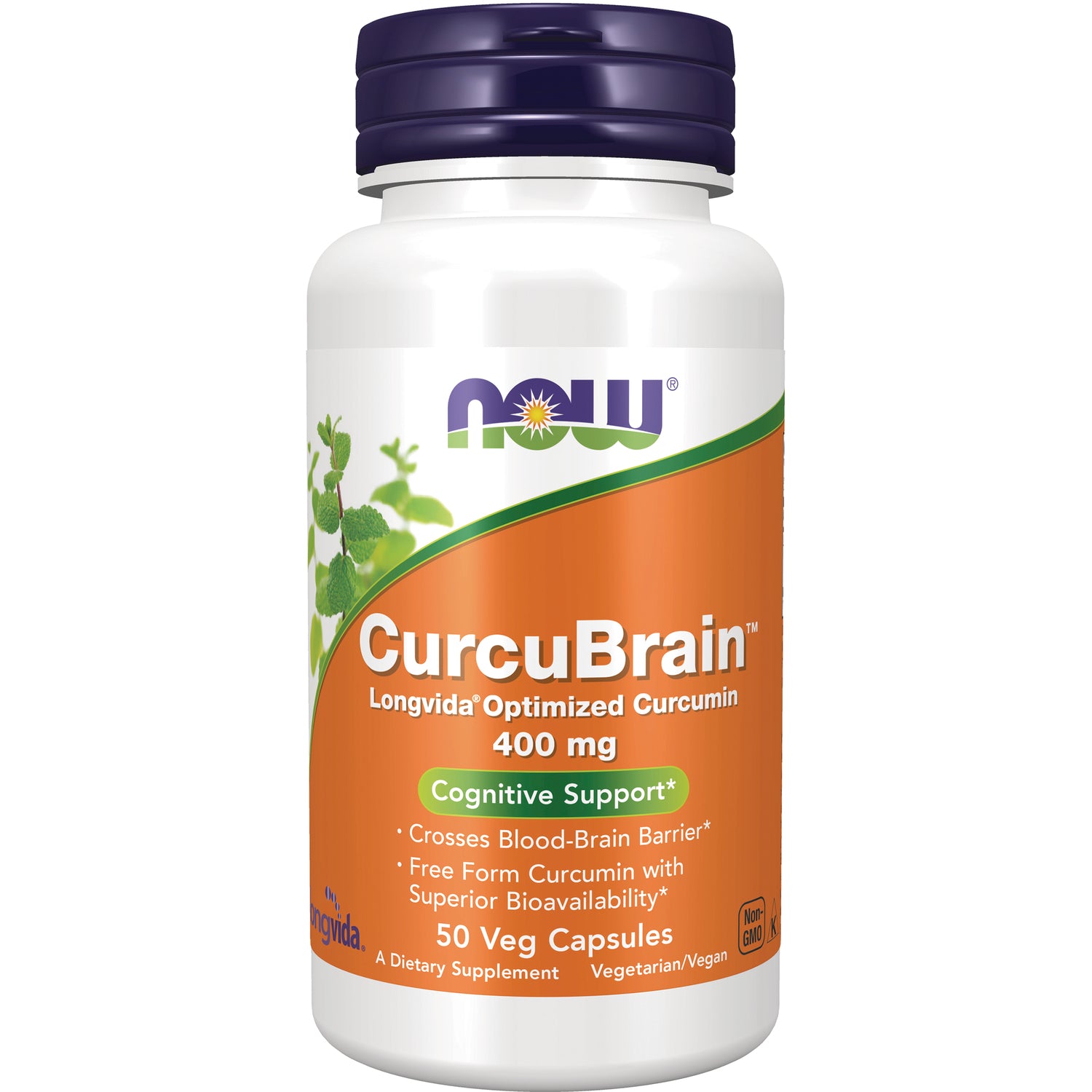 NWF1231 | White bottle of NOW CurcuBrain 400 mg cognitive support, 50 veg capsules