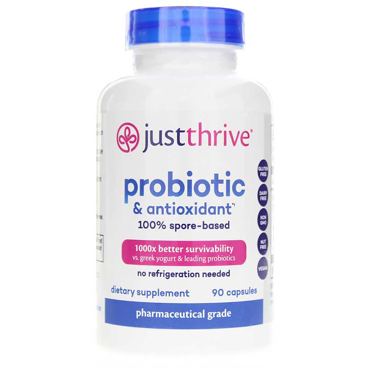 JTR003 | JustThrive probiotic & antioxidant white bottle, 100% spore-based, 90 capsules