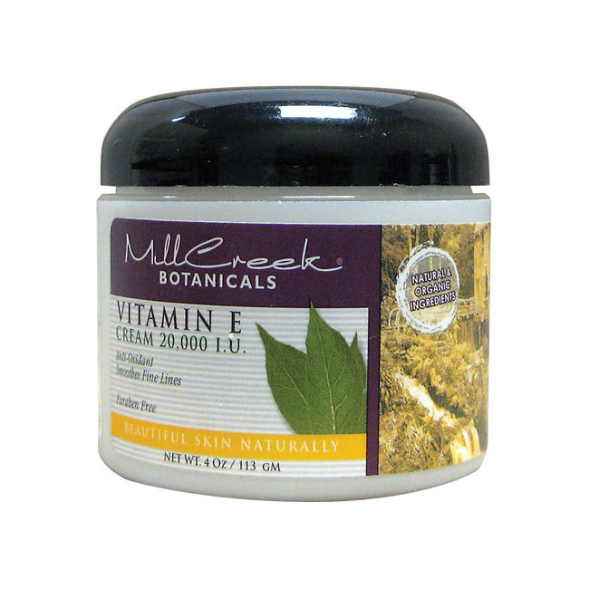 MCB021 | Mill Creek Botanicals Vitamin E cream 20,000 I.U. 4 oz white jar with black lid and leaf label