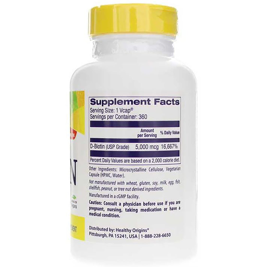 HRG095 | back label with Supplement Facts panel showing serving size and D-Biotin 5,000 mcg on white bottle - Thumbnail