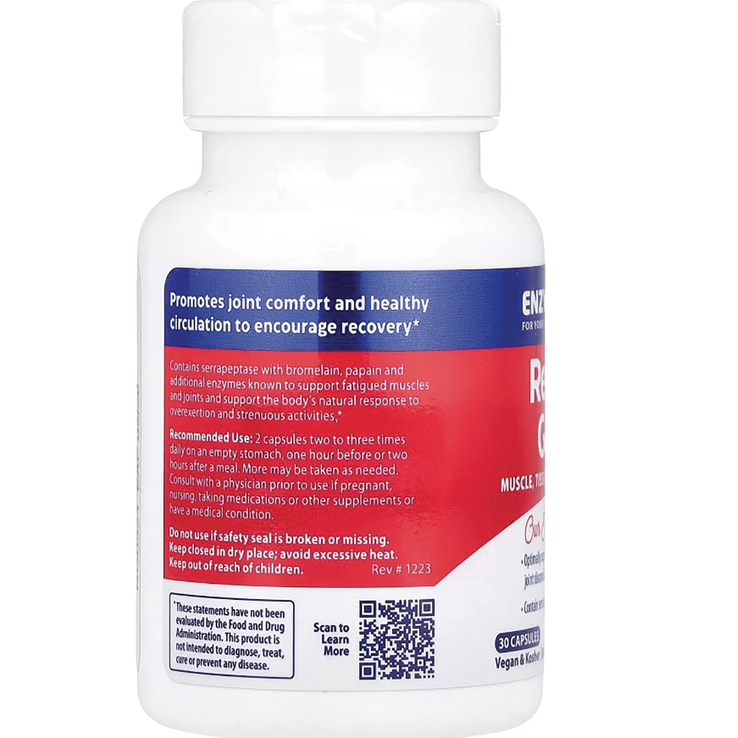 EMD037 | Back of white supplement bottle showing directions, warnings and a QR code on red and blue label