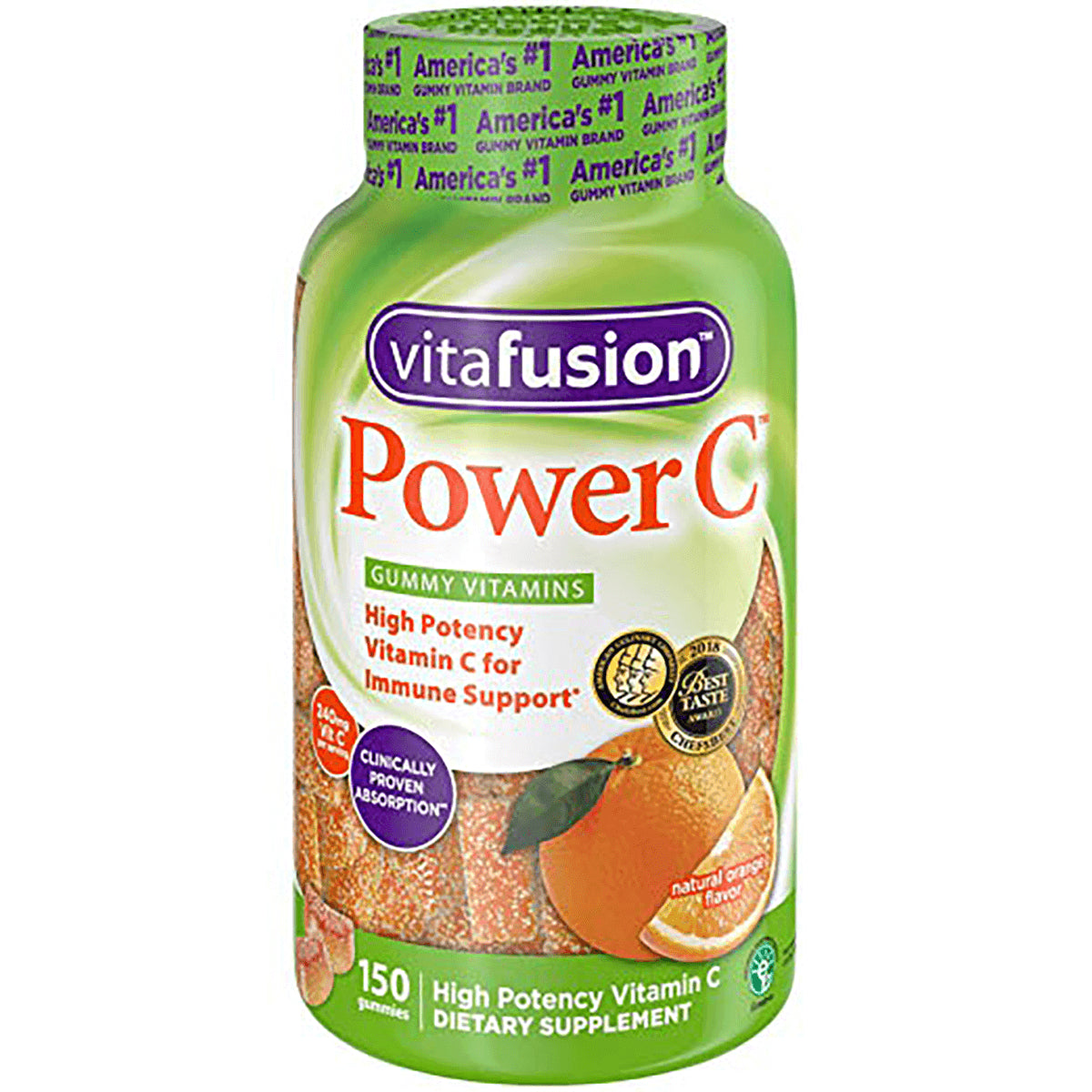 VFS018 | Vitafusion Power C gummy vitamins bottle, 150 gummies, high potency Vitamin C, natural orange flavor