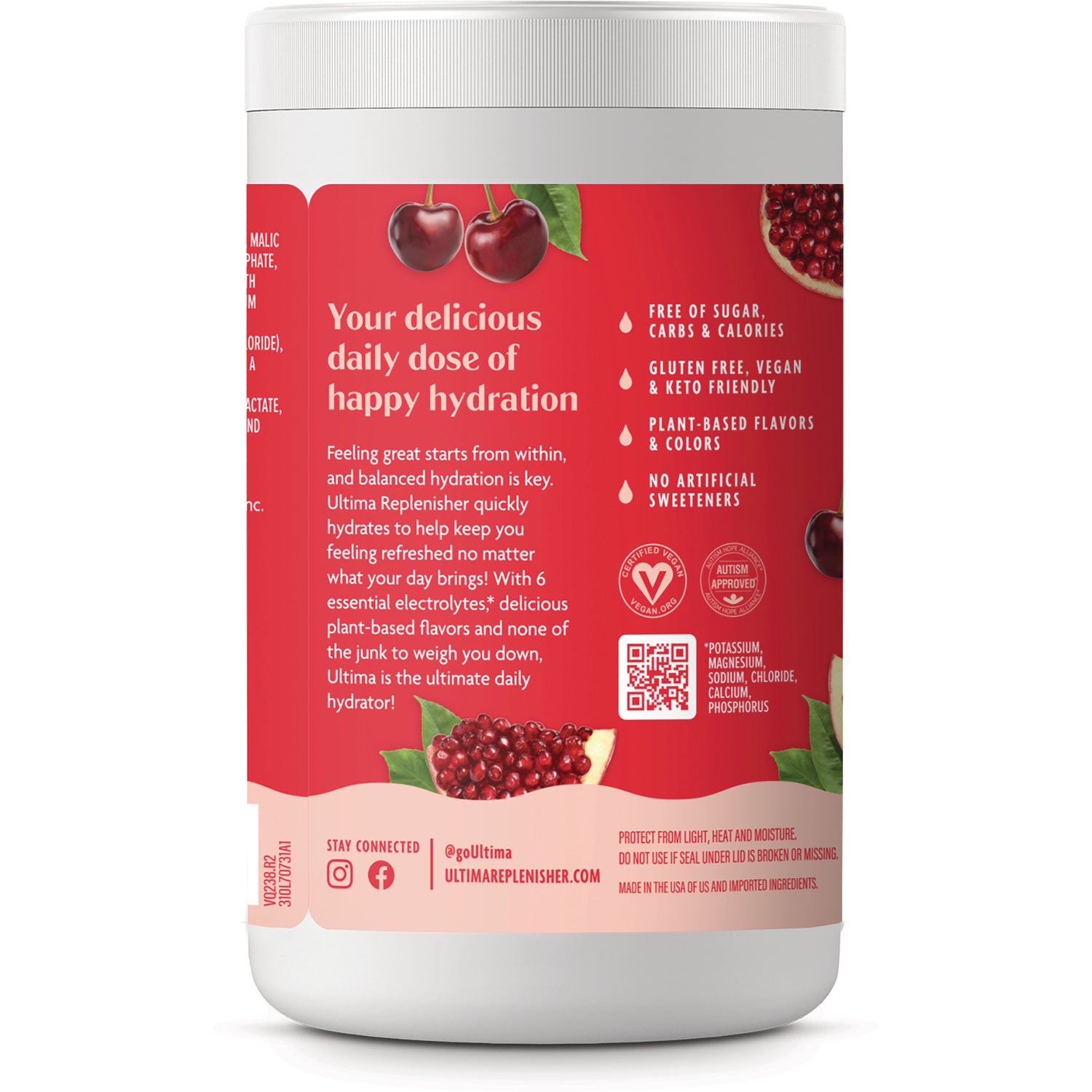 UHP023 | Back label with cherries and pomegranate, benefits list: sugar free, gluten free, vegan, keto friendly, no artificial sweeteners