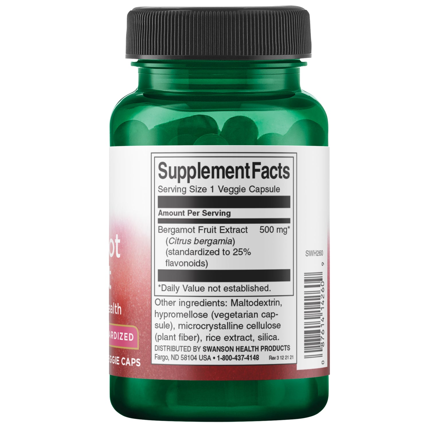 SWH260 | Back label showing Supplement Facts: Bergamot Fruit Extract 500 mg, ingredients and barcode